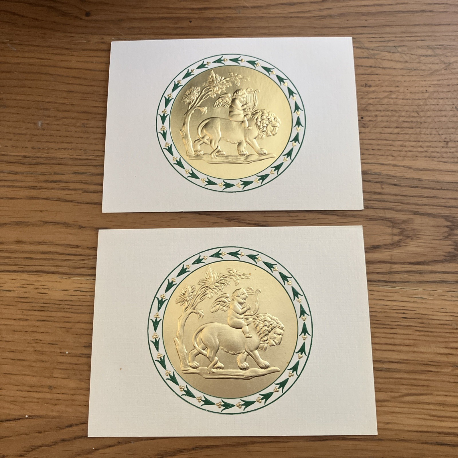 Vintage 1980s Stones Designs  Gold Lion  Embossed Christmas Cards Set Of 2
