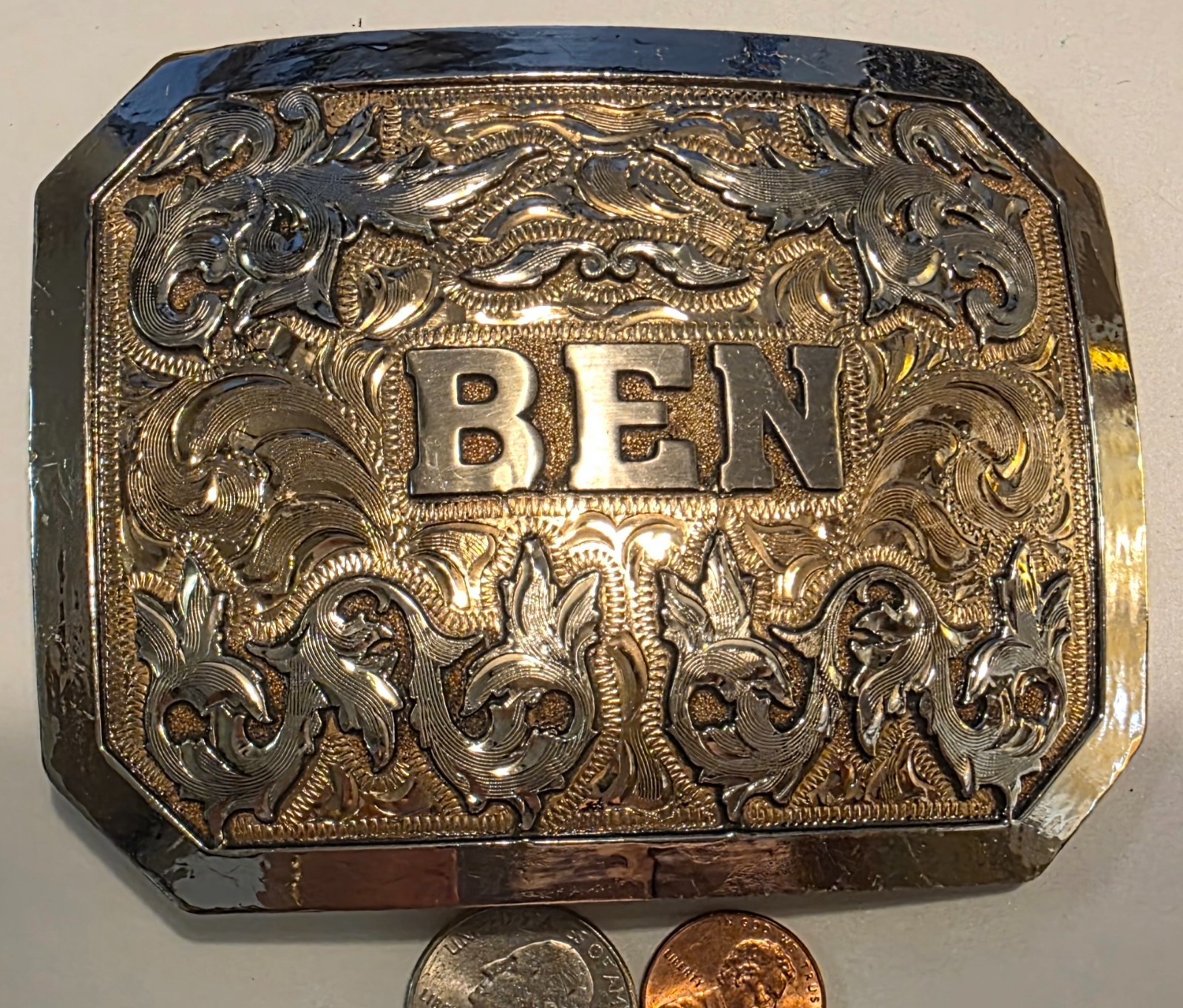 Vintage BEN Belt Buckle Oversized Western Cowboy Ornate Engraved Silver Gold Ton