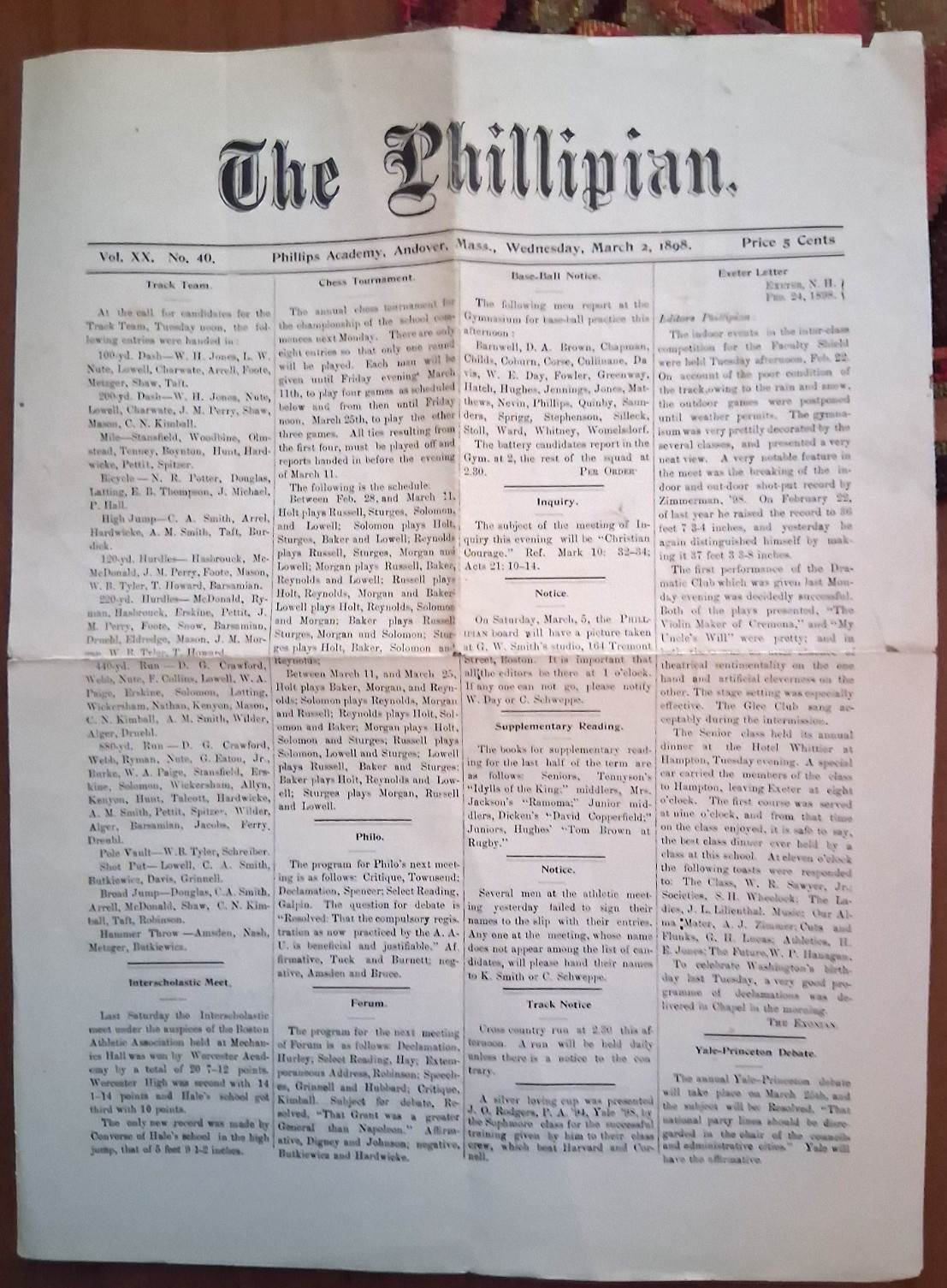1898 The Phillipian School Newspaper Phllips Academy  Andover, Mass.