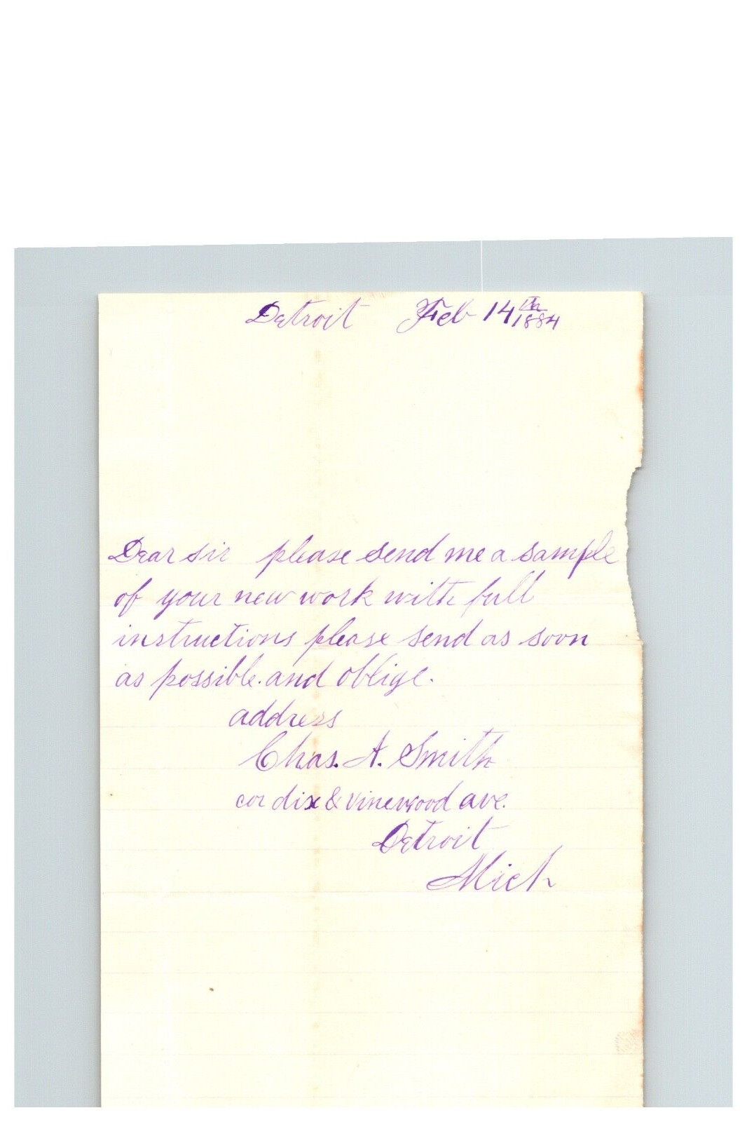 1884 Handwritten Letter Charles A Smith Detroit Mi Michigan Family History