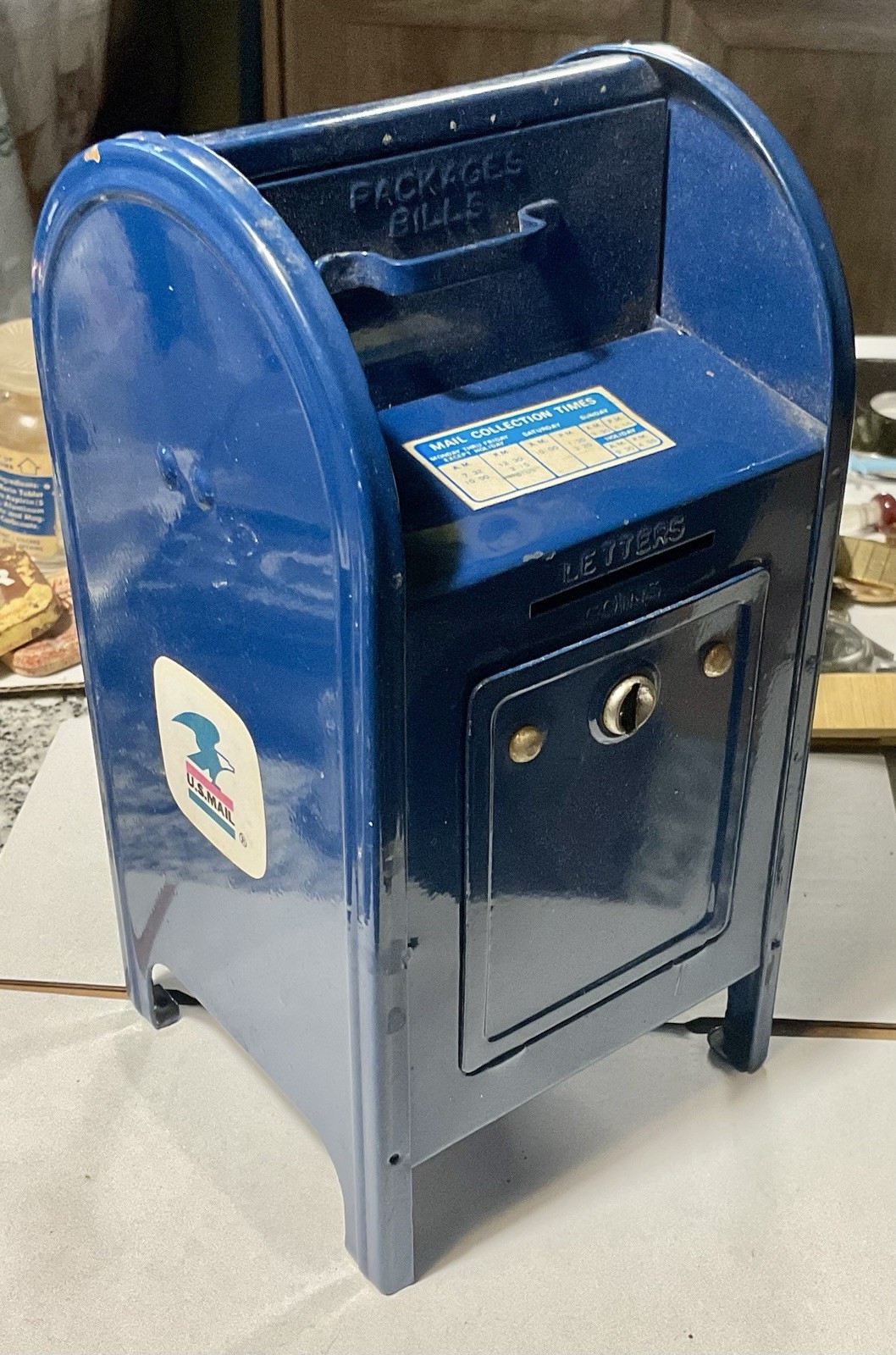 Vintage USPS Blue Metal Mailbox  Bank Mail Collection Box with Key and Stickers