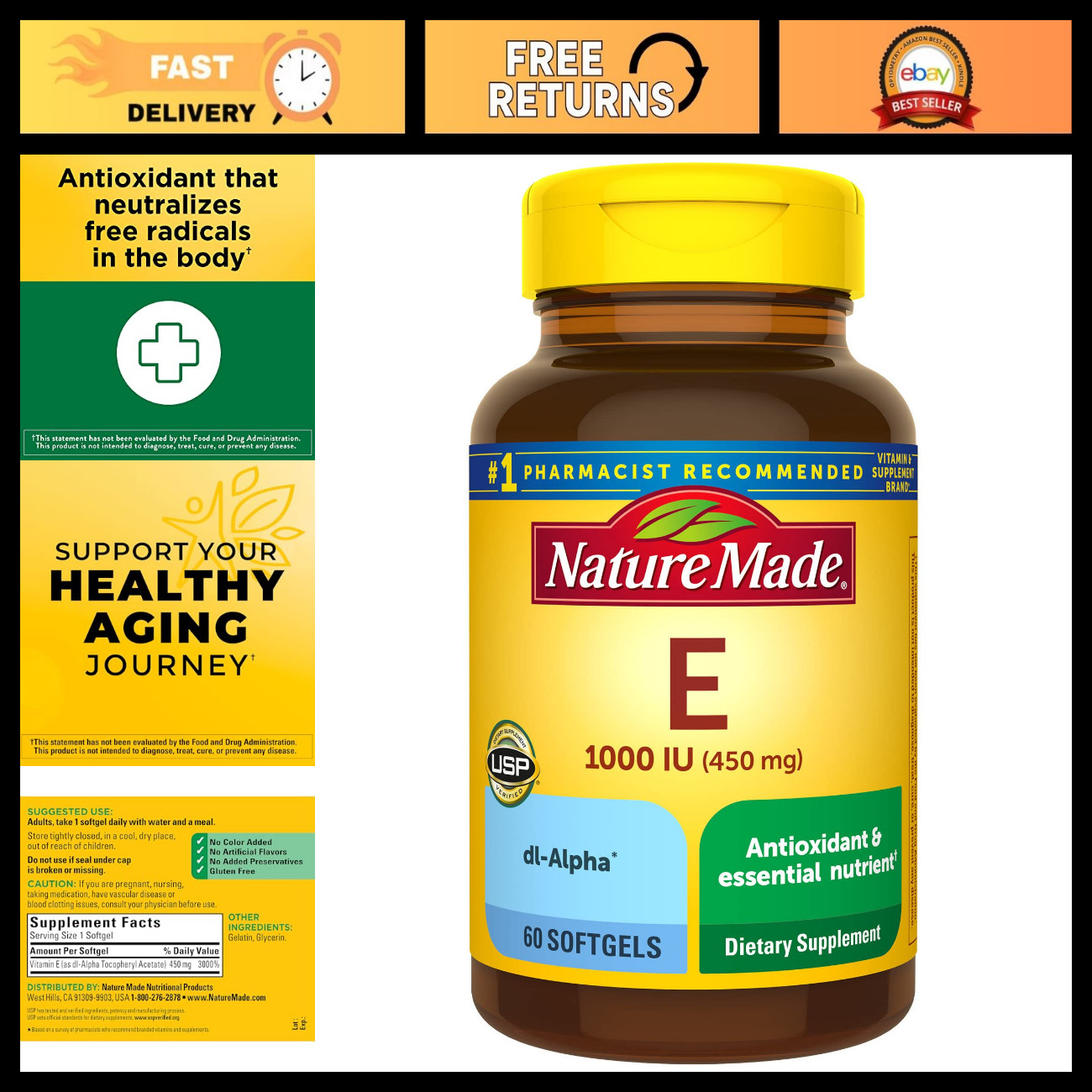 Nature Made Vitamin E 450 mg (1000 IU) dl-Alpha Softgels, 60 Count for Antioxida