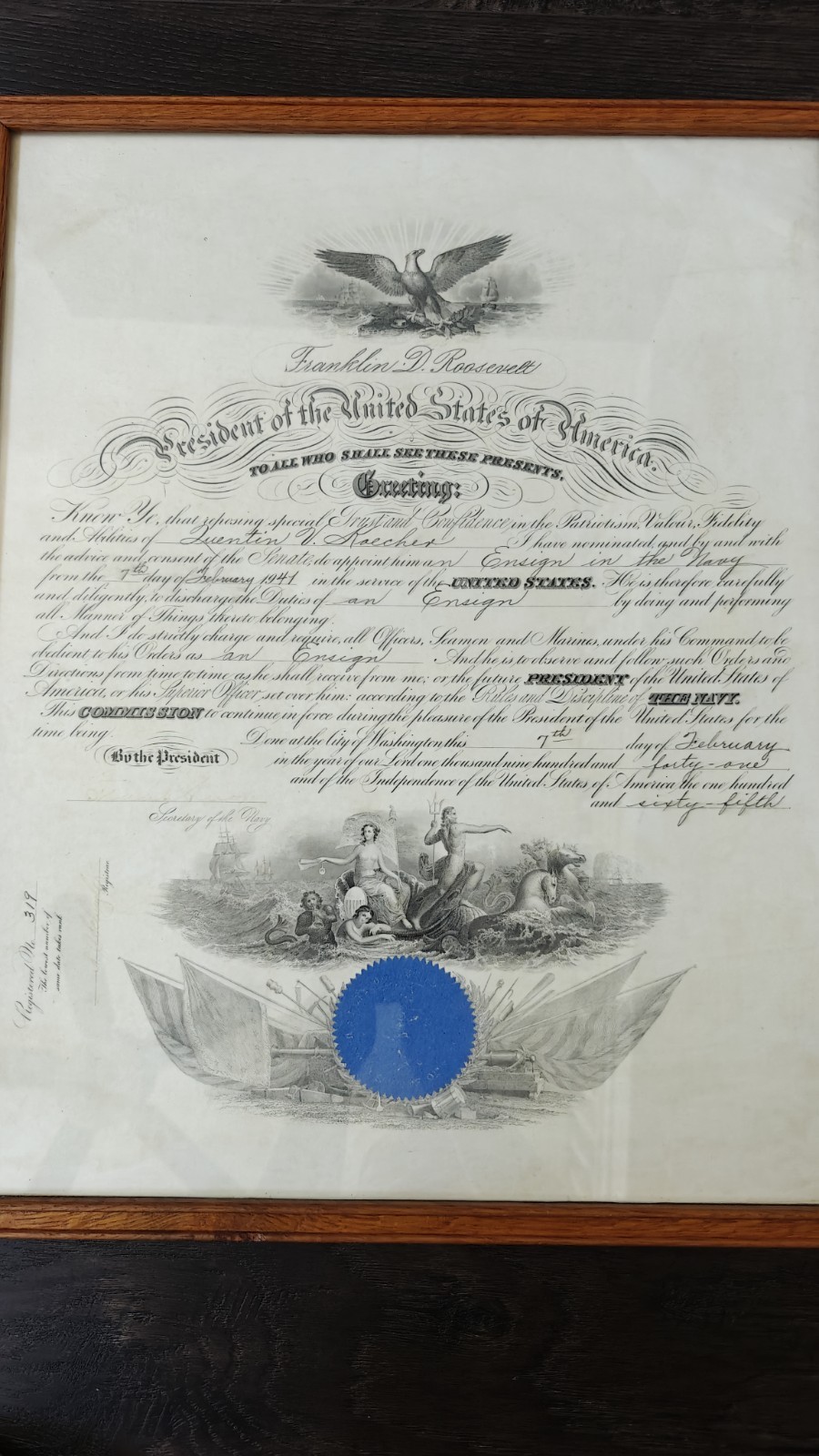 Franklin D. Roosevelt Commission Ensign Quentin Koecher, Frank Knox Signed WWII