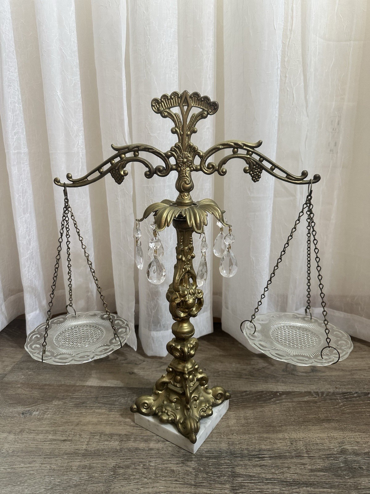 Vintage Scales Of Justice Sculpture Crystal Brass Marble Base Hollywood Regency