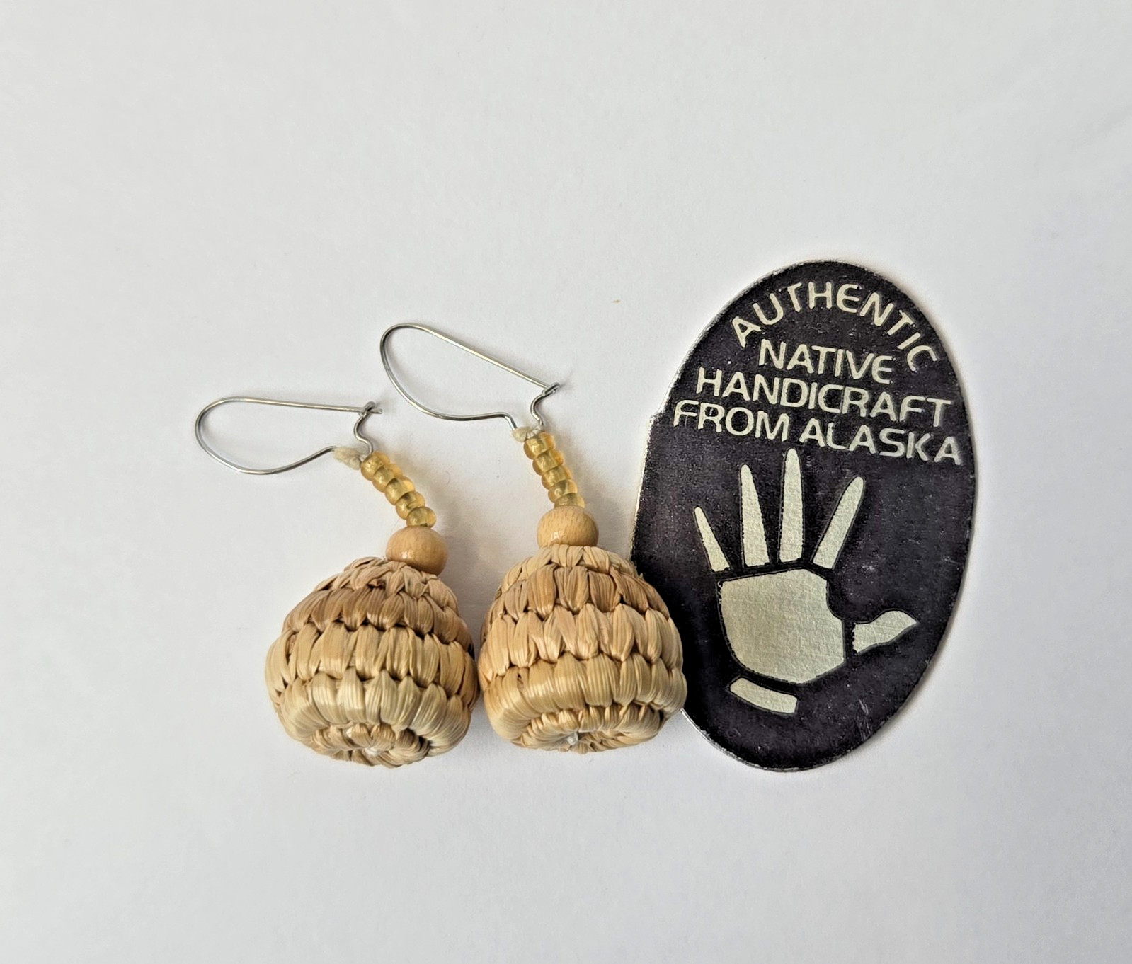 Vintage Authentic Alaska Native Woven Grass Basket Earrings Healing Hand Tag
