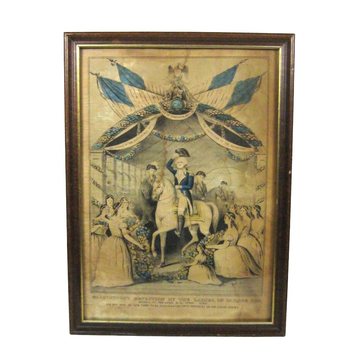 Washington\'s Reception by Ladies Trenton Hand Colored Lithograph 15 x 11 in