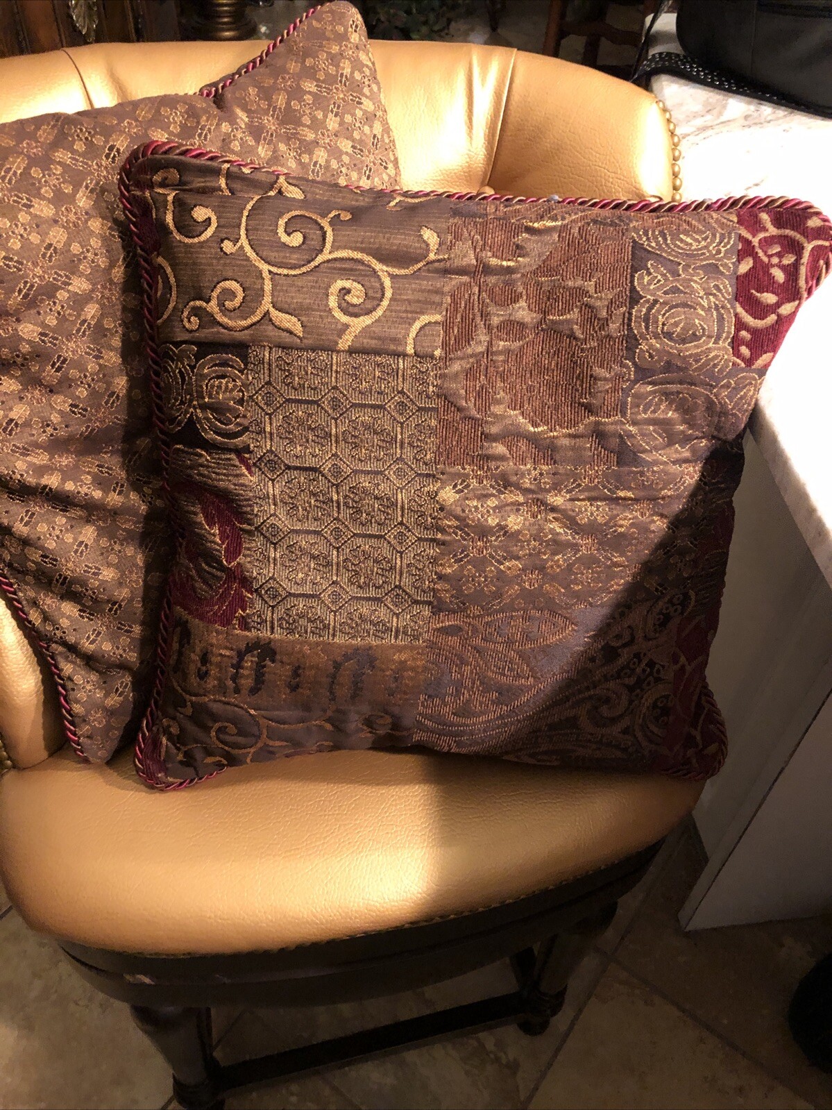 Croscill Galleria Patchwork Red Bronze Gold  Decorative Pillows Set 2  17x17