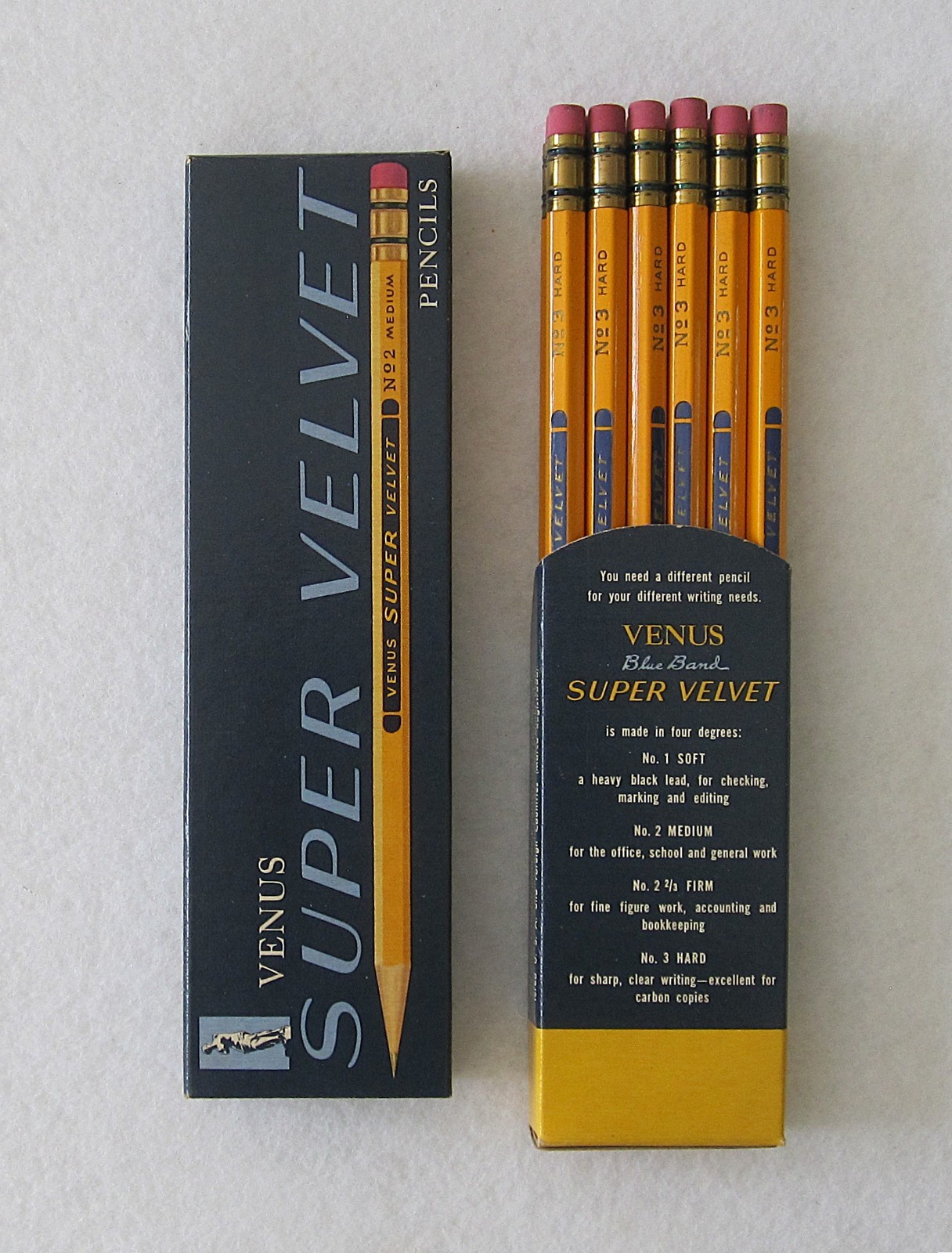 Vintage Venus Super Velvet 3558 No. 2 3 Hard Pencils Box 12 Unused Blue Band