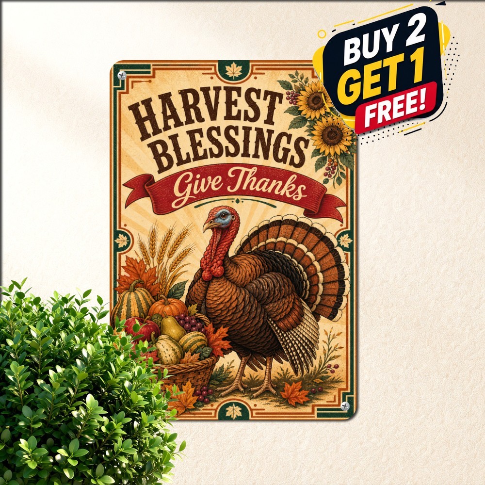 Vintage Thanksgiving Turkey Oil Painting Metal Sign Autumn Rustic Tin Plaque