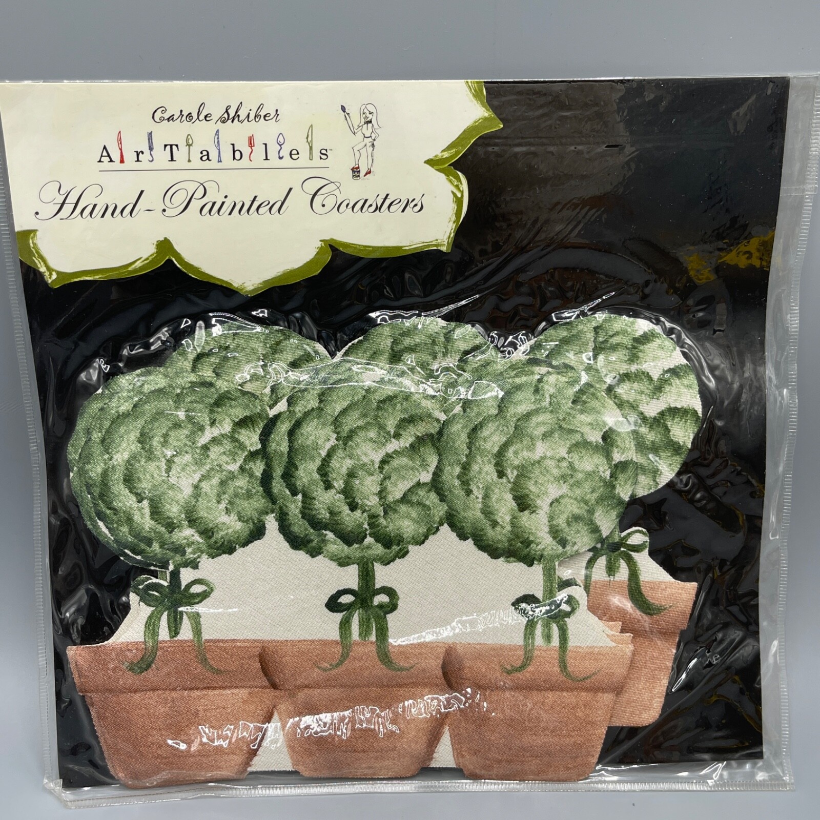 Vtg Set of 4 Carole Shiber Artables Hand Painted Vinyl Topiary Coasters NEW