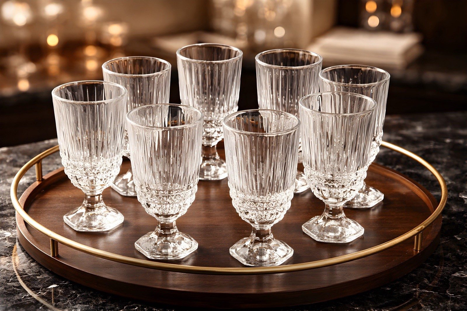 A Vintage set of 8 Fostoria Heritage lead crystal faceted stemware goblets 7”.
