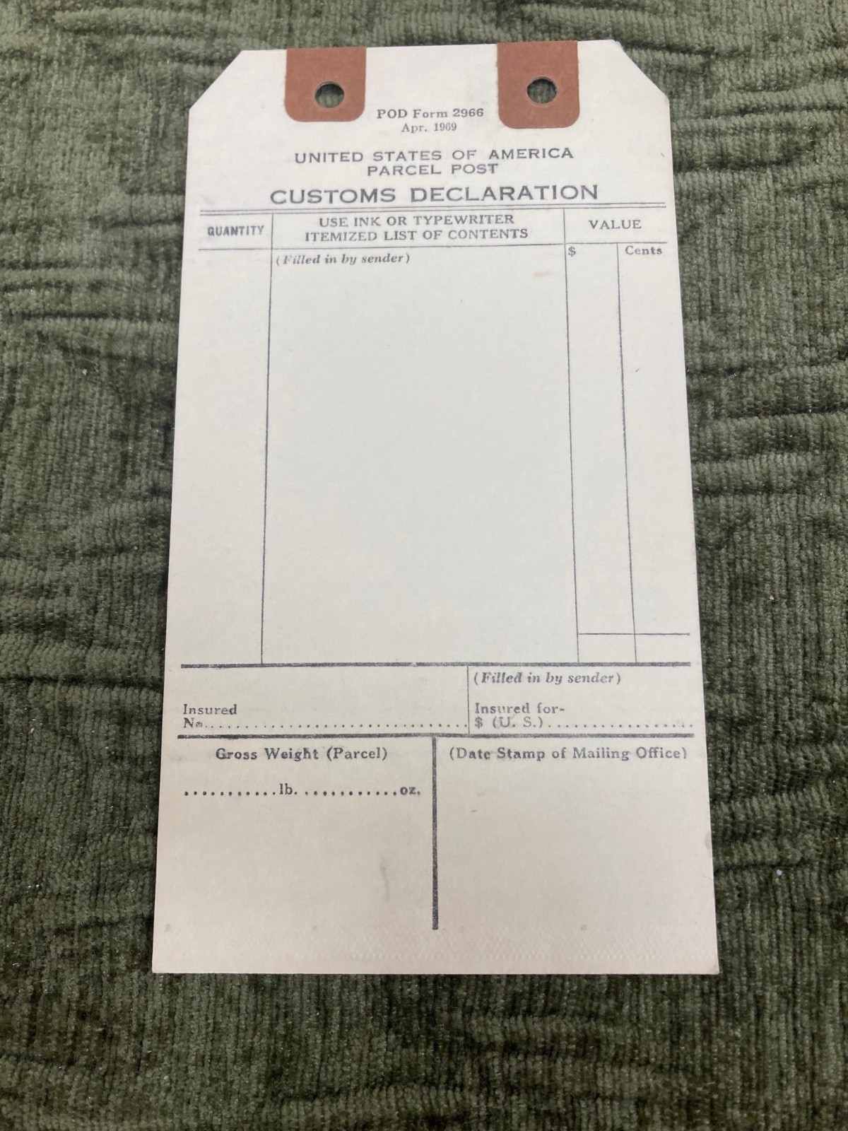 VTG 1969 POST OFFICE DEPT. US of A PARCEL POST CUSTOMS DECLARATION FORM 2966 NOS