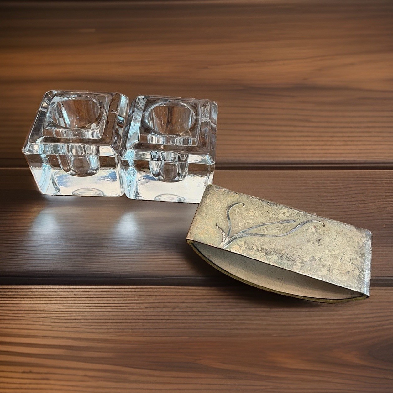 Antique Desk Set 2 Heavy Glass Inkwells 2.5” & One Heinzs Style Ink Blotter Set