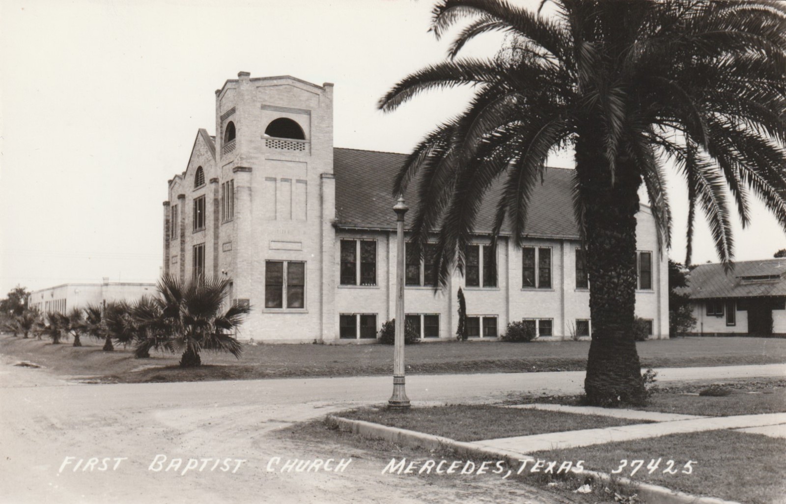 Vintage Postcard RPPC First Baptist Church Mercedes Texas Palm Trees L L Cook