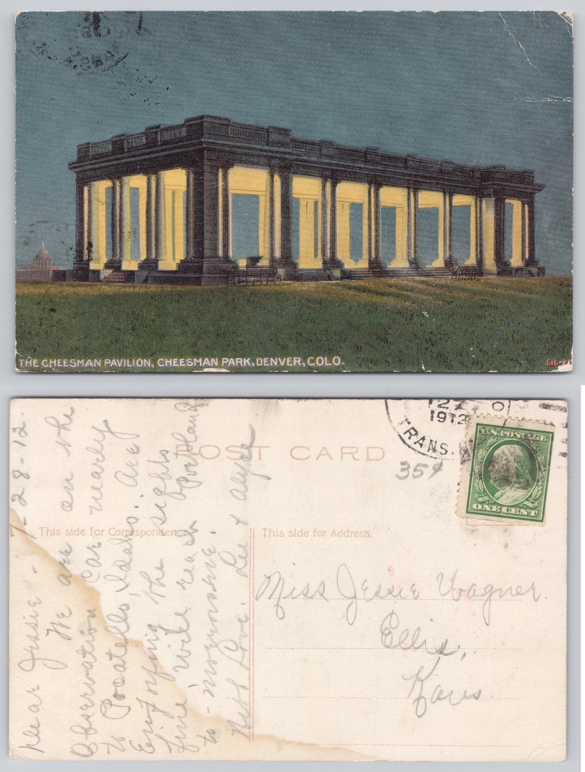 Cheesman Pavilion Denver CO Postcard 1912 Night View Colorado Landmark