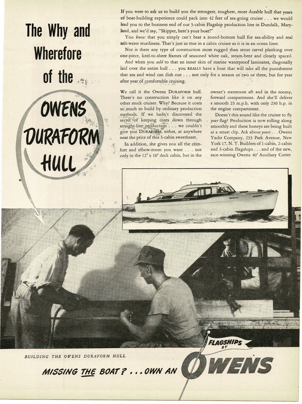 1946 OWENS Yacht Co. Duraform Hull 42\' Cabin Cruiser Vintage Print Ad