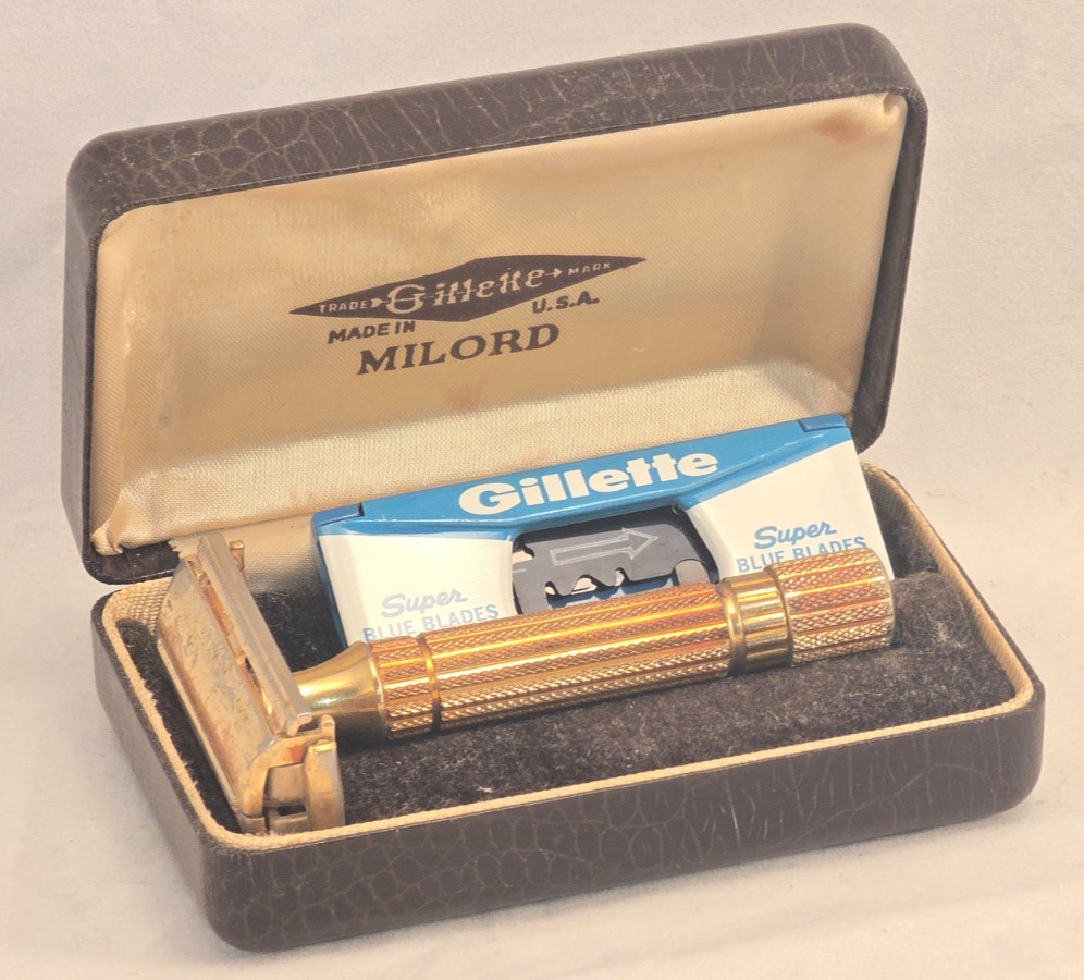 Vintage Gillette Milord Gold-Tone Razor, Case, Super Blue Blade Dispenser NICE