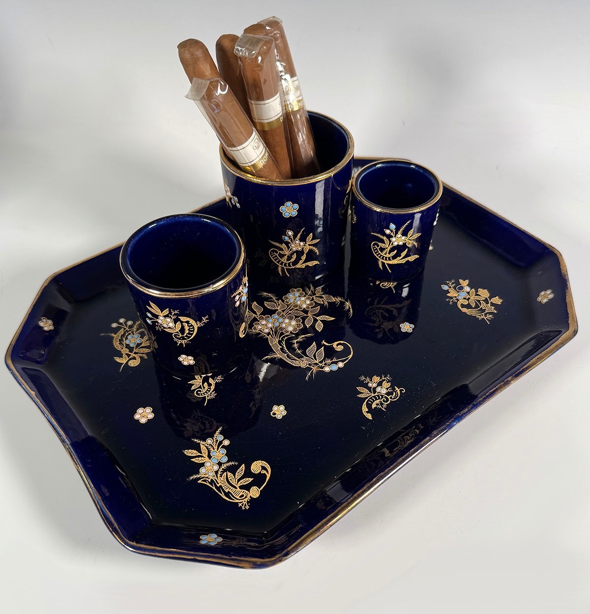 Antique Gustave De Bruyn 4pc Tobacco Smoker's Tray & Pots, Cobalt Blue & Enamel