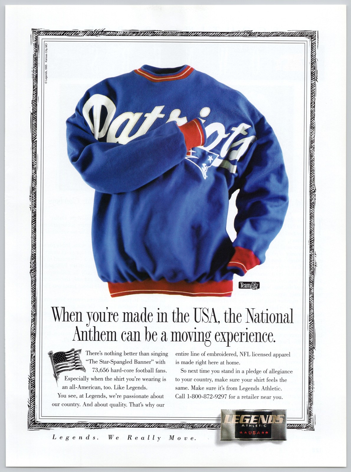 Legends Athletic NFL Football Apparel Patriotic USA Pride 1995 Print Ad
