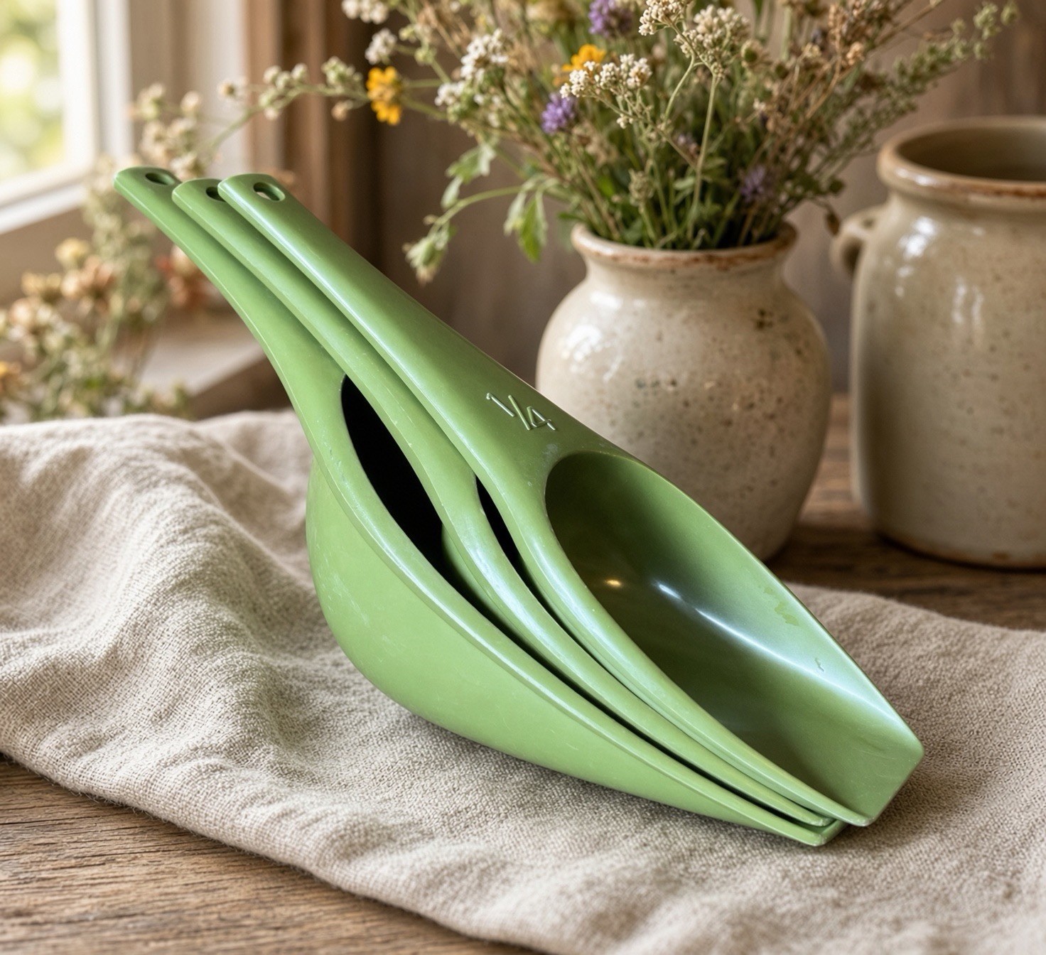 FOLEY Harvest Avocado Green Set Of 3 Measuring Scoops Cups 1970s Retro Kitschy