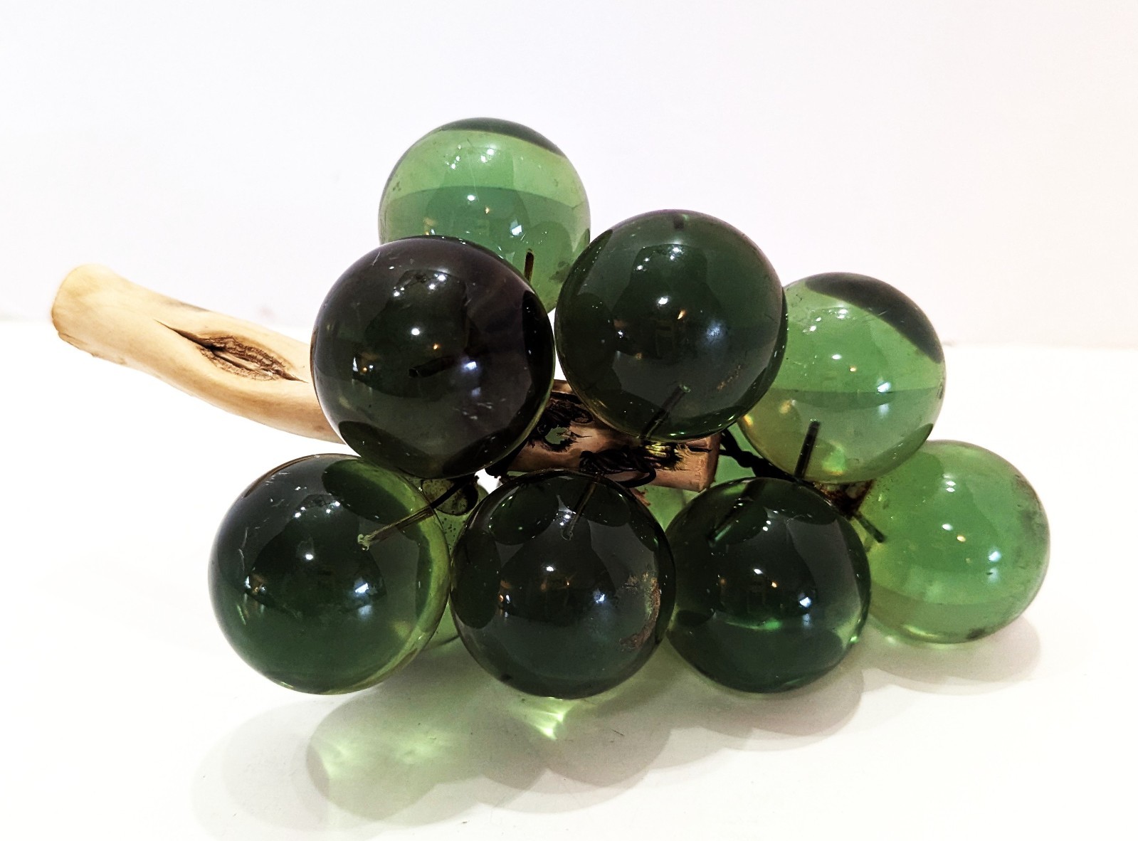 Vintage Mid Century Modern MCM Green Lucite Acrylic Grapes on Wooden Stem 8”