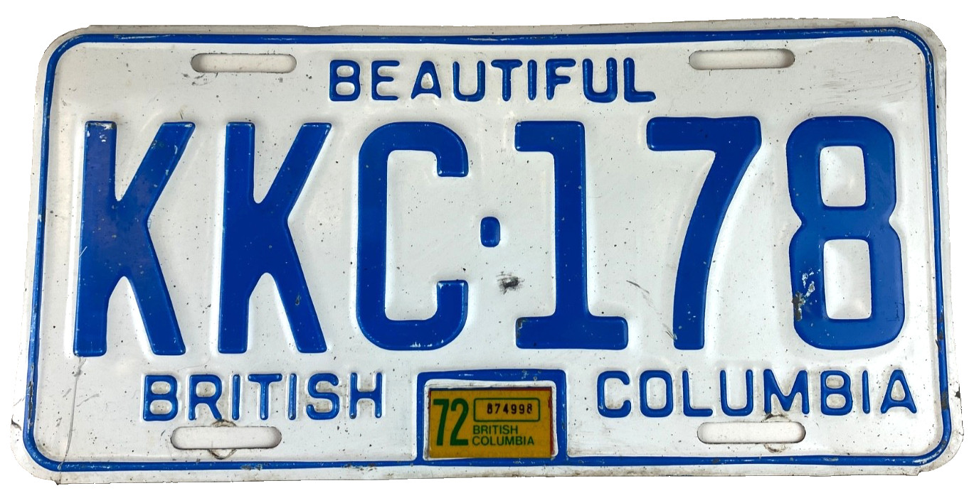 Vintage British Columbia Canada 1972 Auto License Plate KKC-178 Garage Pub Decor