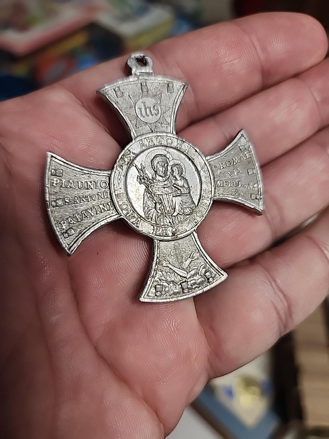 Antique 1892 St Anthony of Padua Aluminum Cross Medal Pope Leo XIII Catholic