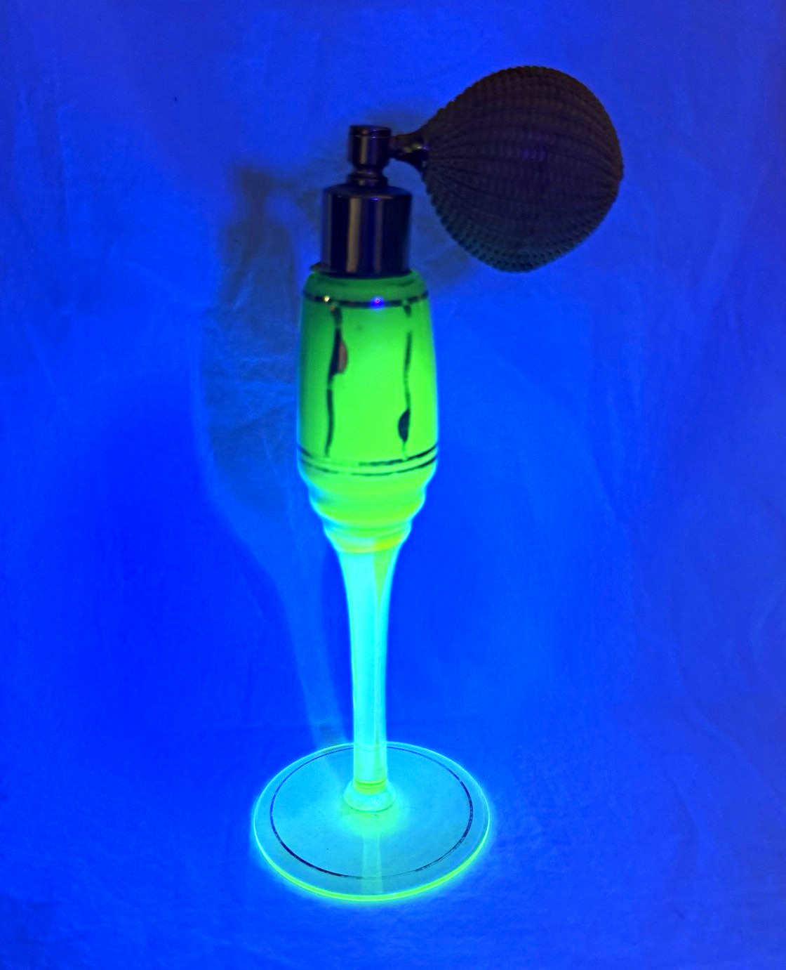 Vintage DeVilBiss Green Uranium Glass Perfume Bottle w/ Atomizer
