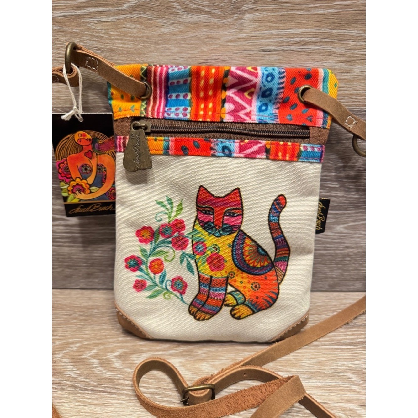 NWT Laurel Burch Maya Cat #LB8253 Canvas Crossbody Bag Adjustable Leather Strap