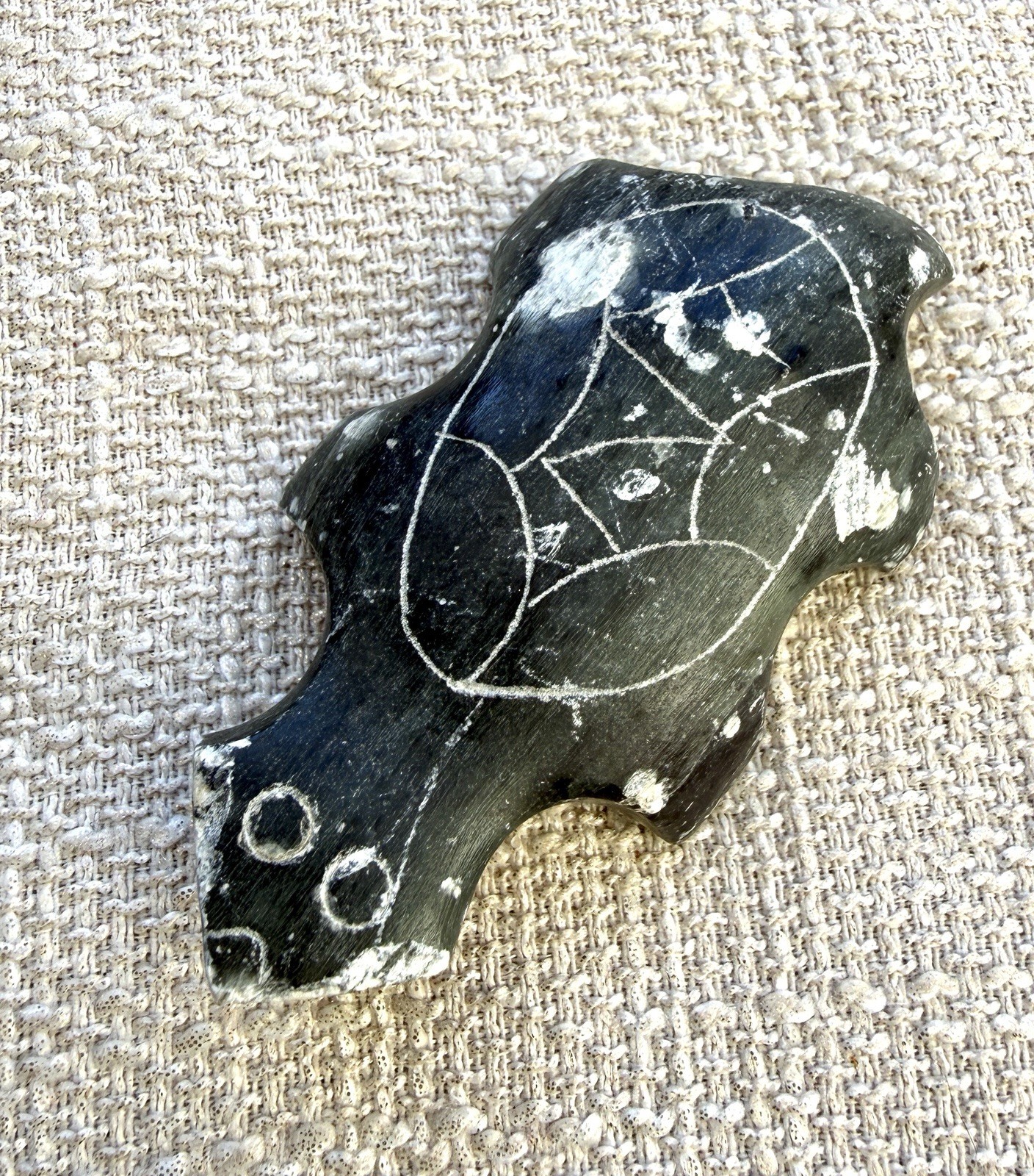 Vintage Hand Carved Black Stone Turtle Figurine Signed Etched Folk Art Sculpture