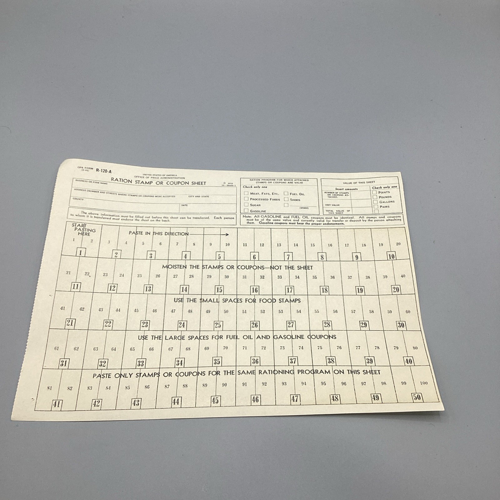 Vintage NOS 1944 United States Ration Stamp Or Coupon Sheet R-120-A