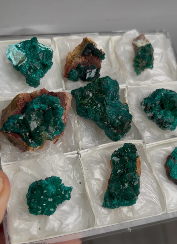 Rich Green Dioptase Specimens from Renéville, Congo – 9 Piece Lot