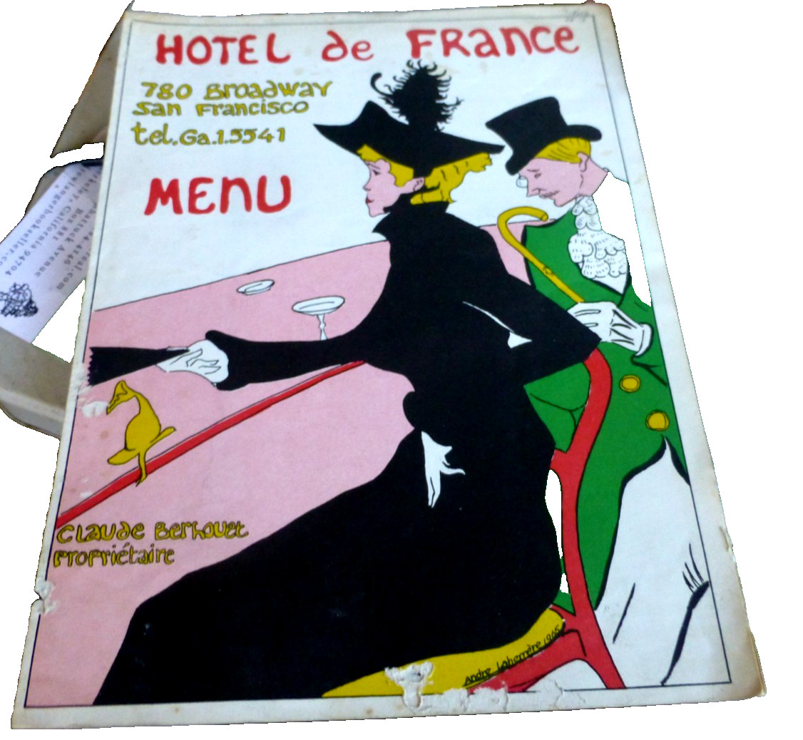 VINTAGE MENU HOTEL DE FRANCE 780 BROADWAY SAN FRANCISCO CAL C.1965