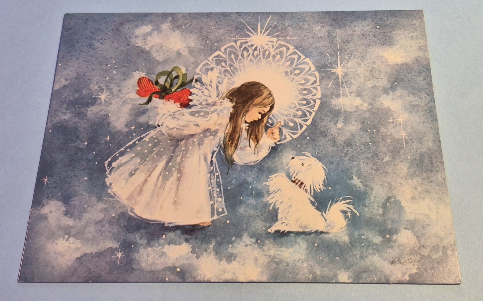 Vtg 1960's Girl Angel & Adorable White Dog Christmas Card/Env New Signed Barth