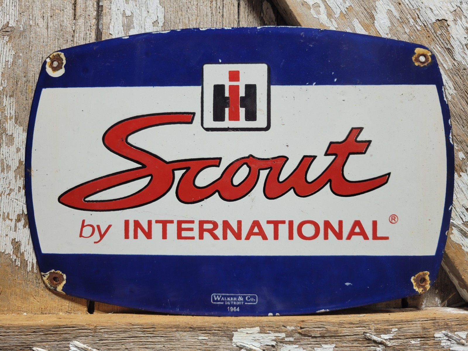 VINTAGE SCOUT PORCELAIN SIGN RARE OLD 1964 INTERNATIONAL TRACTOR FARM EQUIPMENT