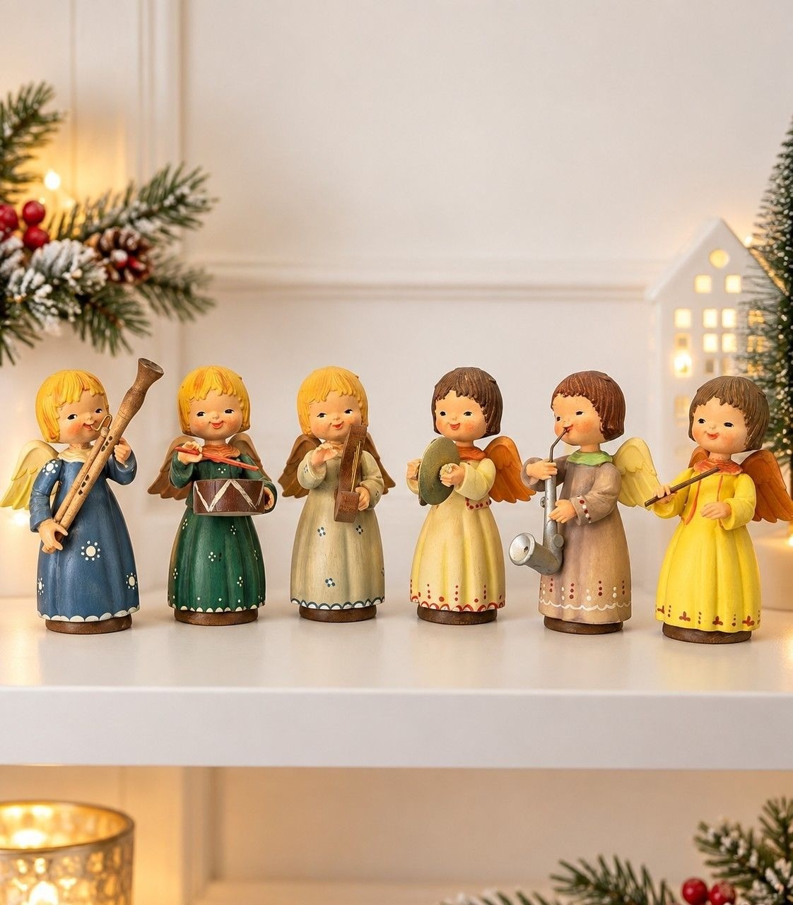 Vintage ANRI Italy Set of 6 Hand Carved Wood Musician Angels 3.5\