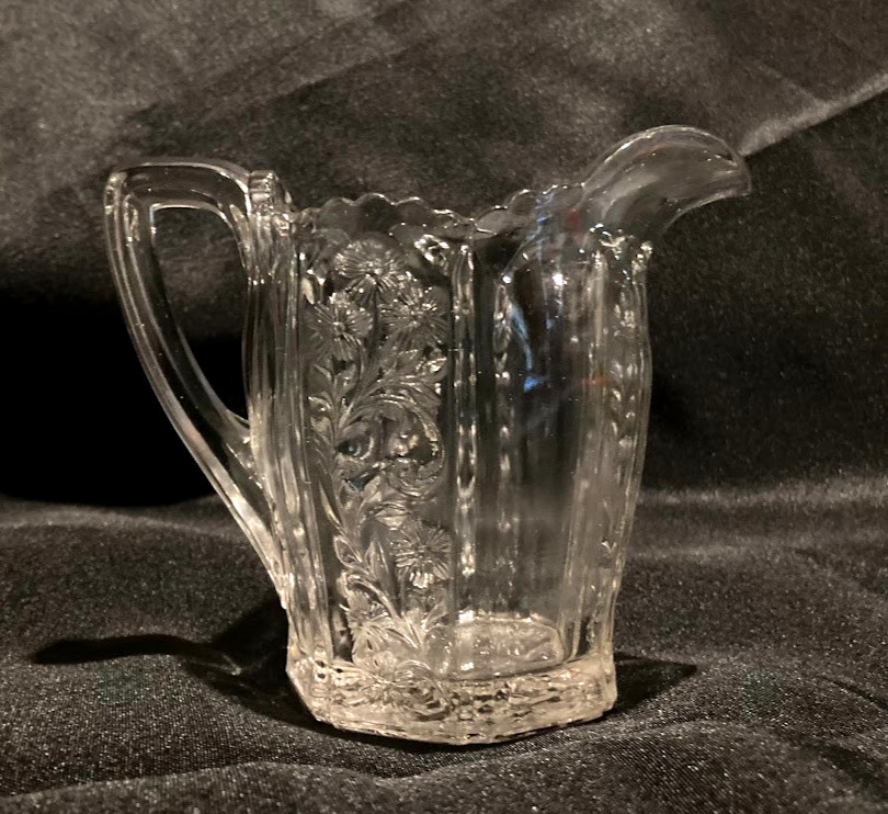 Antique 1911 Indiana Paneled Heather Creamer Embossed #126, Floral/Panels, Clear