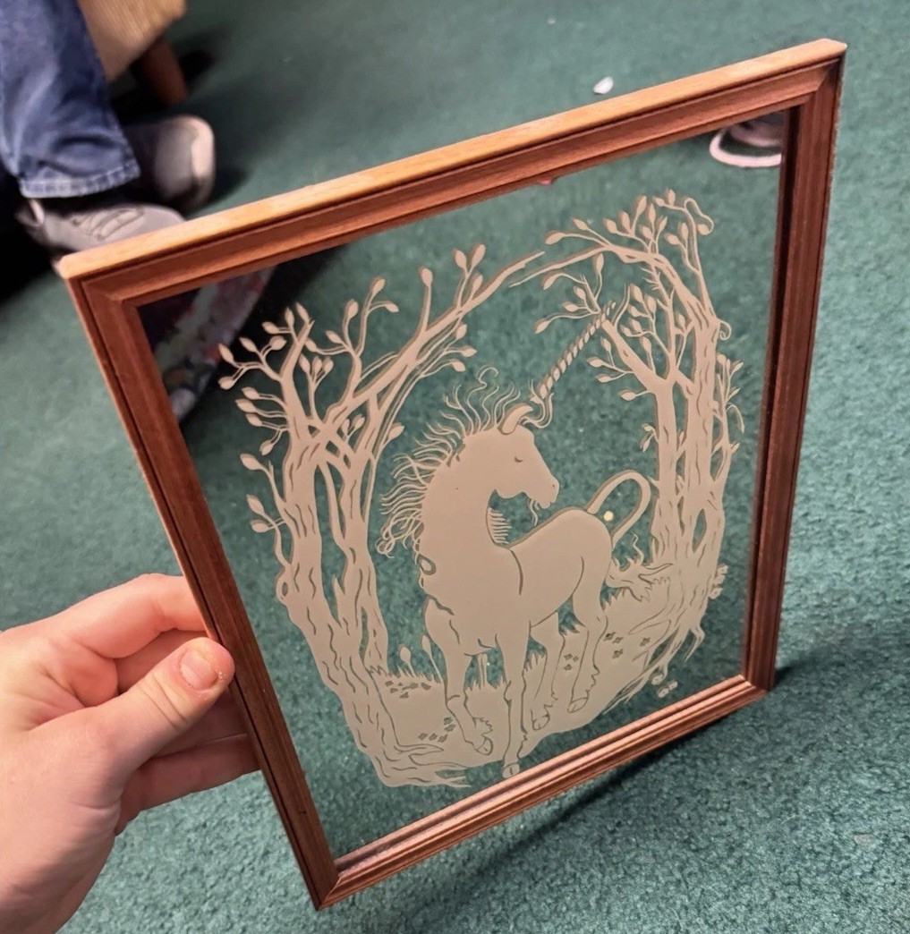 Vintage 1980's Etched White Unicorn Small Wood Framed Mirror Retro Wall Decor