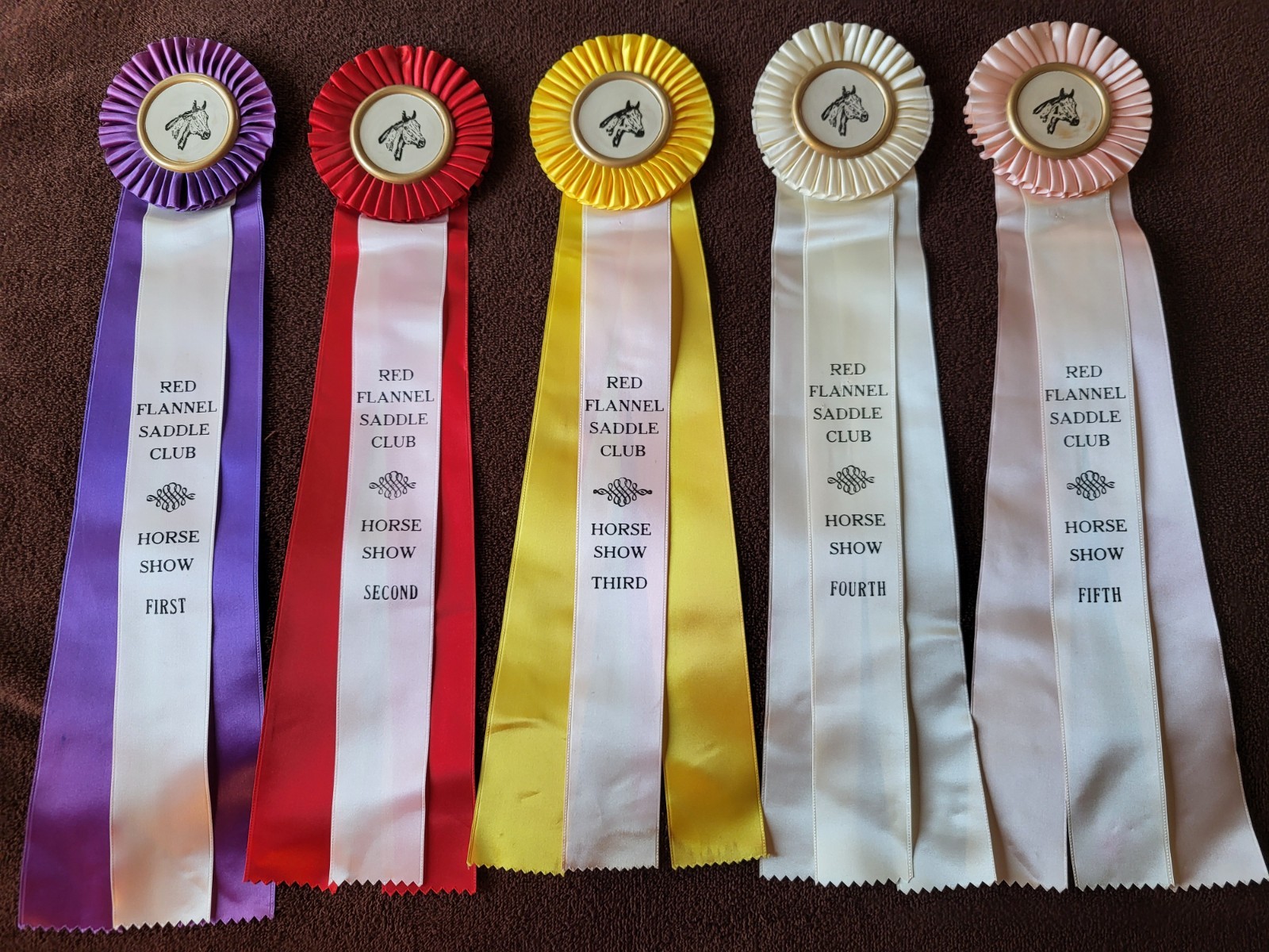 1st~5th LONG Red Flannel Saddle Club Horse Show Ribbons Awards Equestrian Events