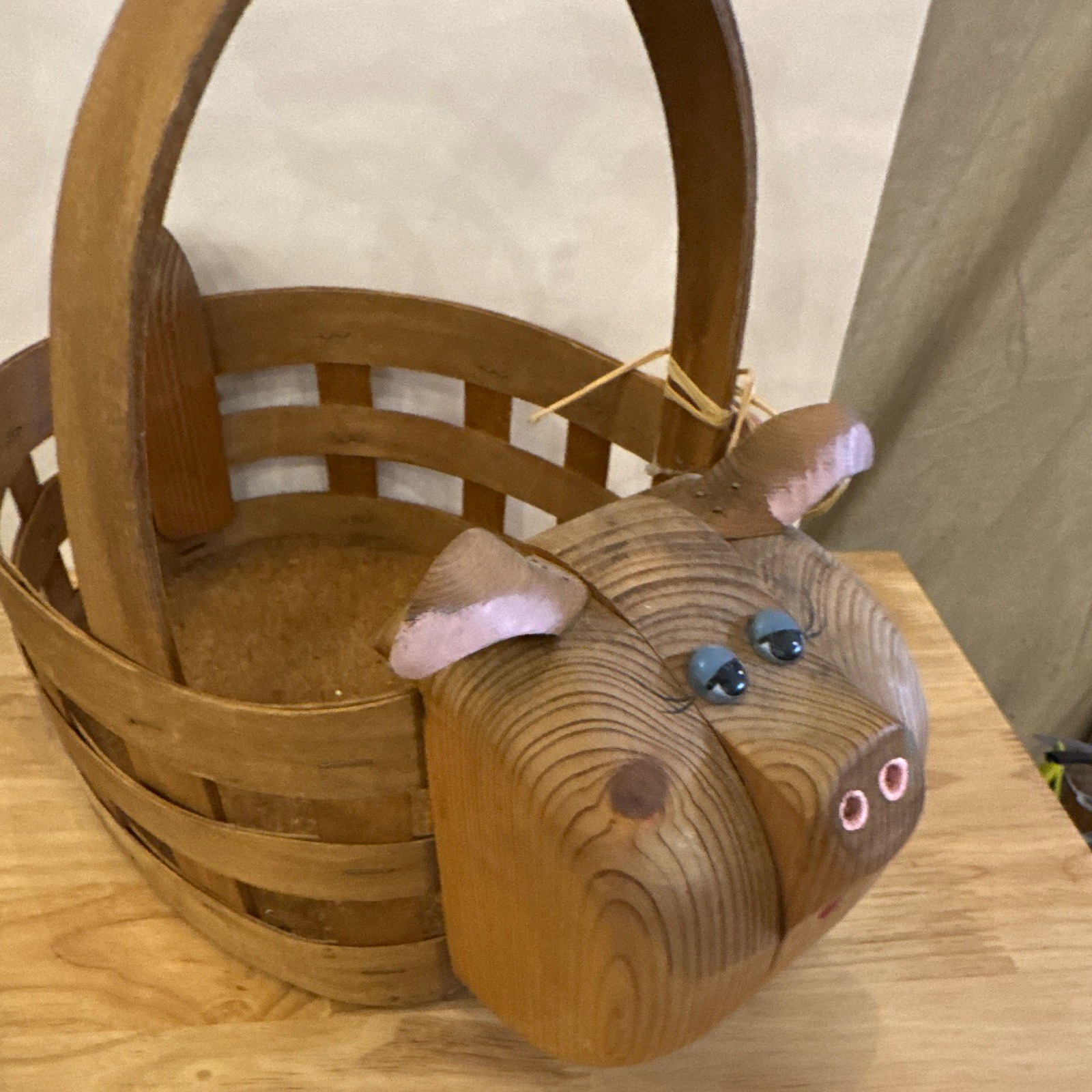 Vintage Wood Oval Storage Basket w/ Handle, Brown Wood Grain, Pig Head Ends