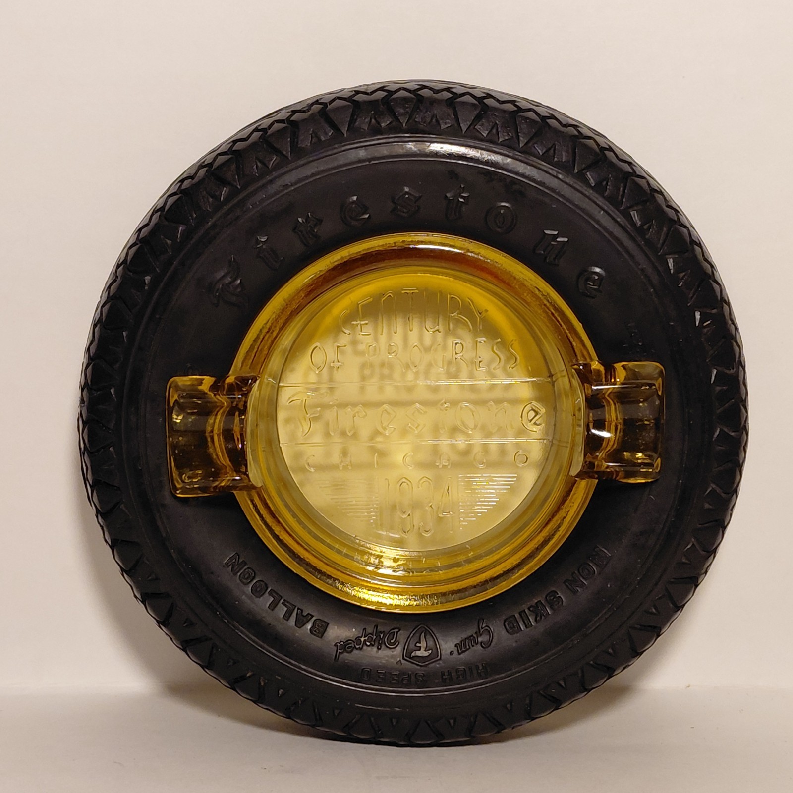 1934 Chicago Century of Progress Firestone Balloon Tire Embossed Amber Ashtray