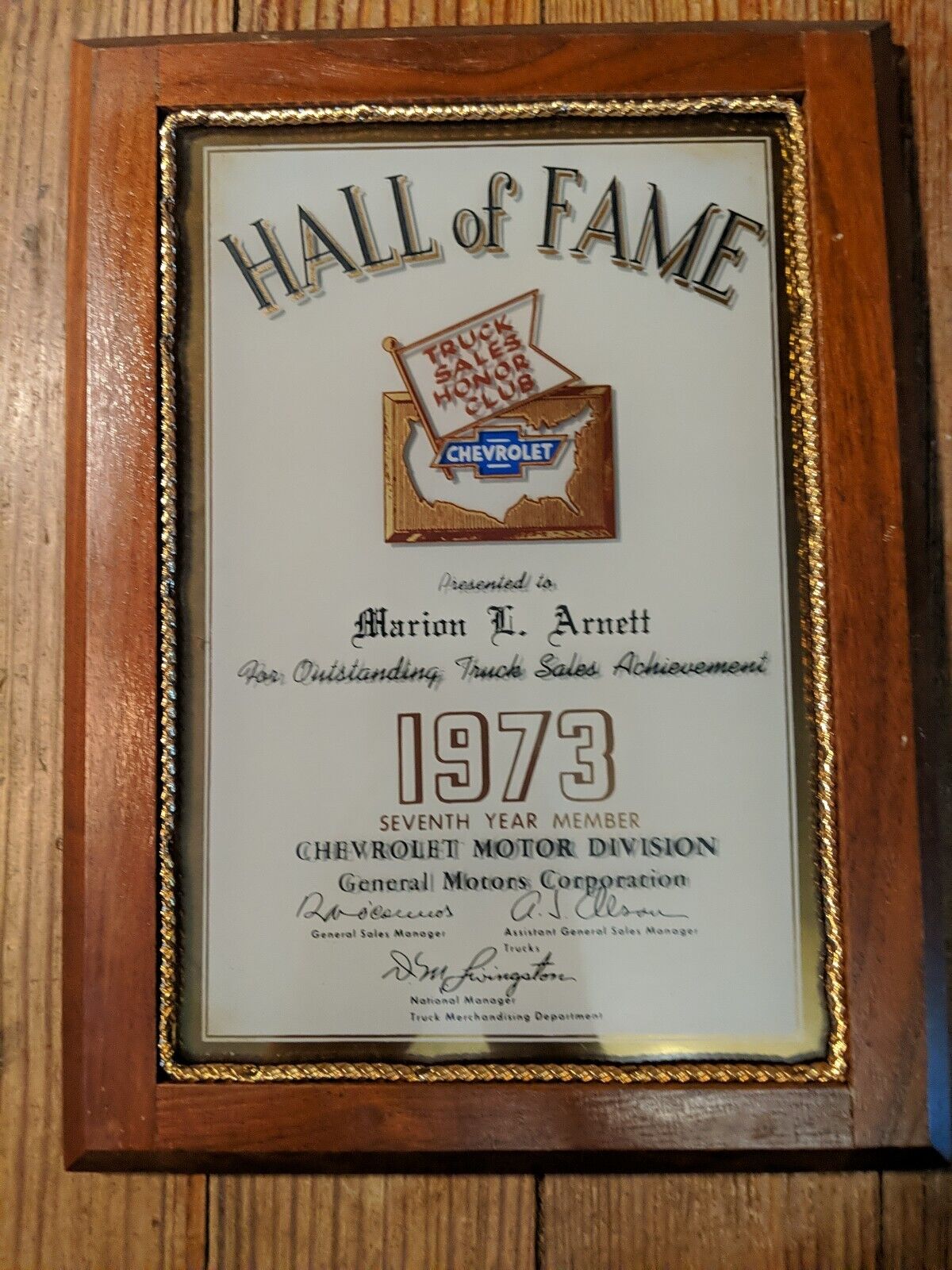 1973 HALL OF FAME CHEVY DEALER TRUCK SALES HONOR CLUB PLAQUE SIGN MARRION ARNETT