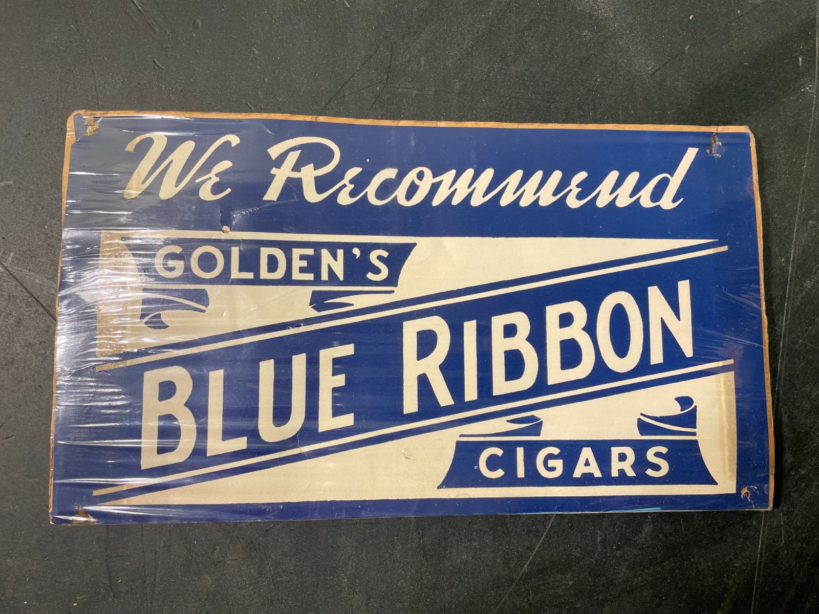 Vintage Golden's Blue Ribbon Cigar Sign poster paper advertising blue 1940s old