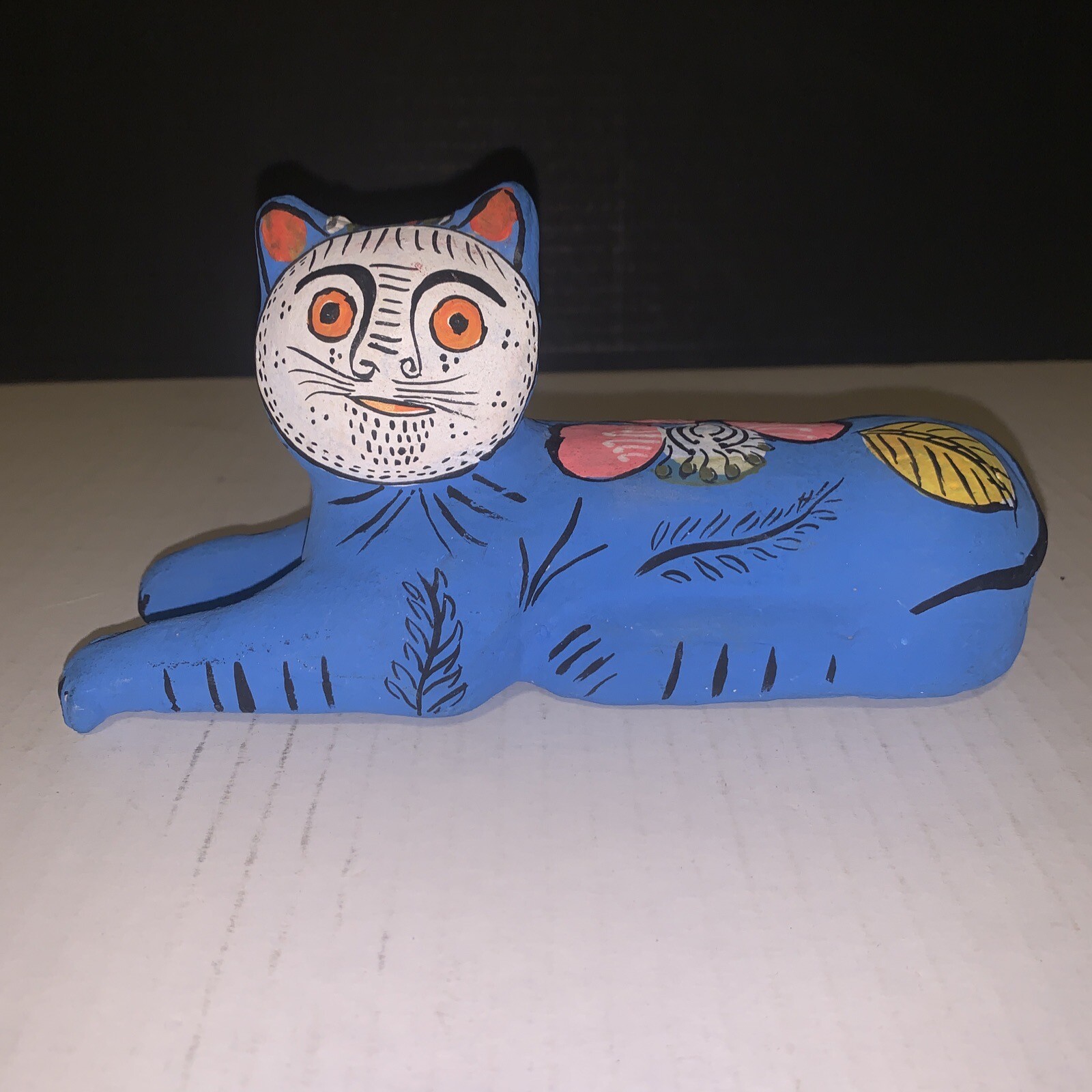 Mexican Pottery Terracota Hacienda HDA Uxmal Blue Cat Figurine 8”