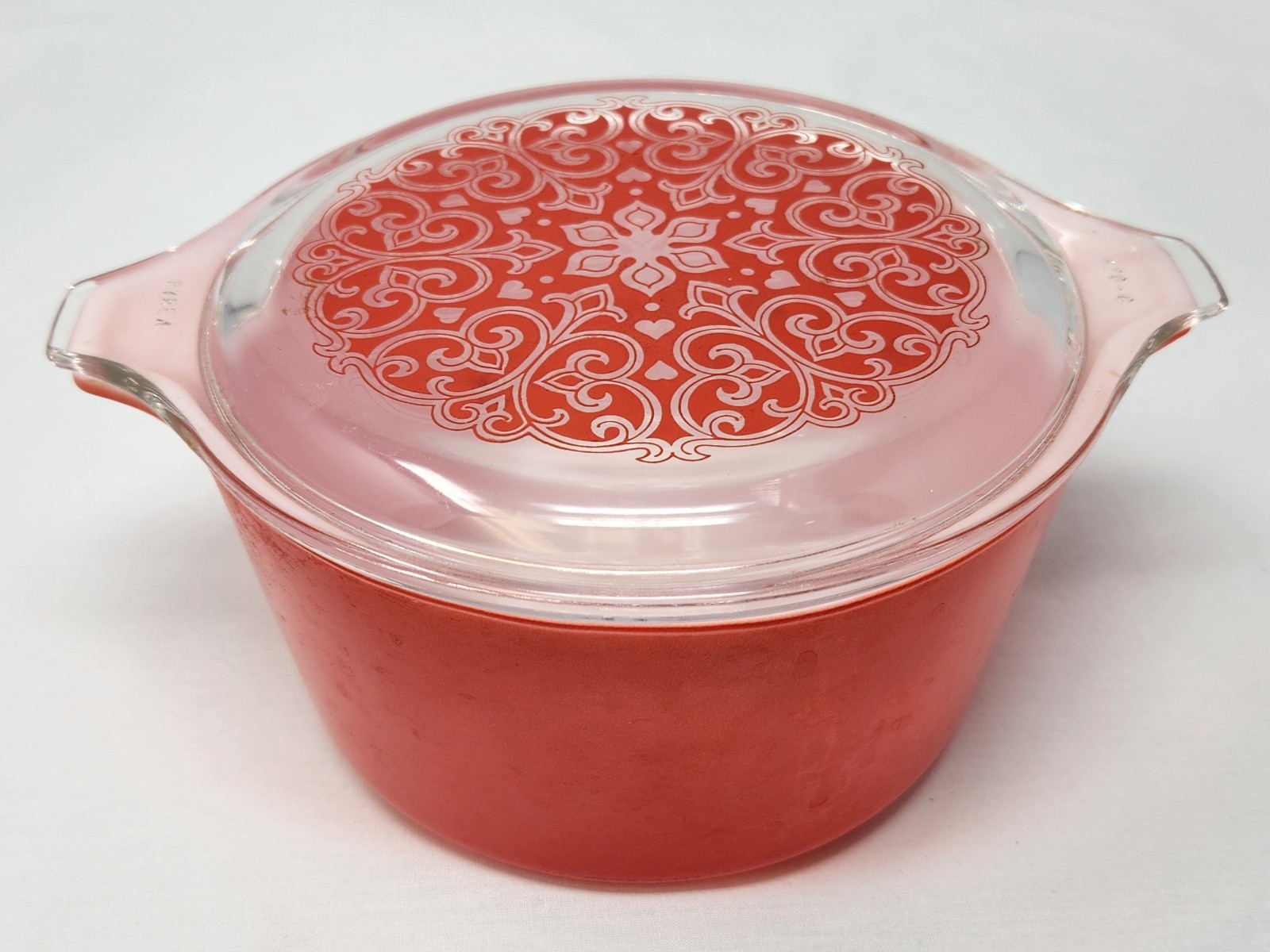 Vintage Pyrex 473 & 470-C Lid Red Celtic Floral Hearts Casserole Dish