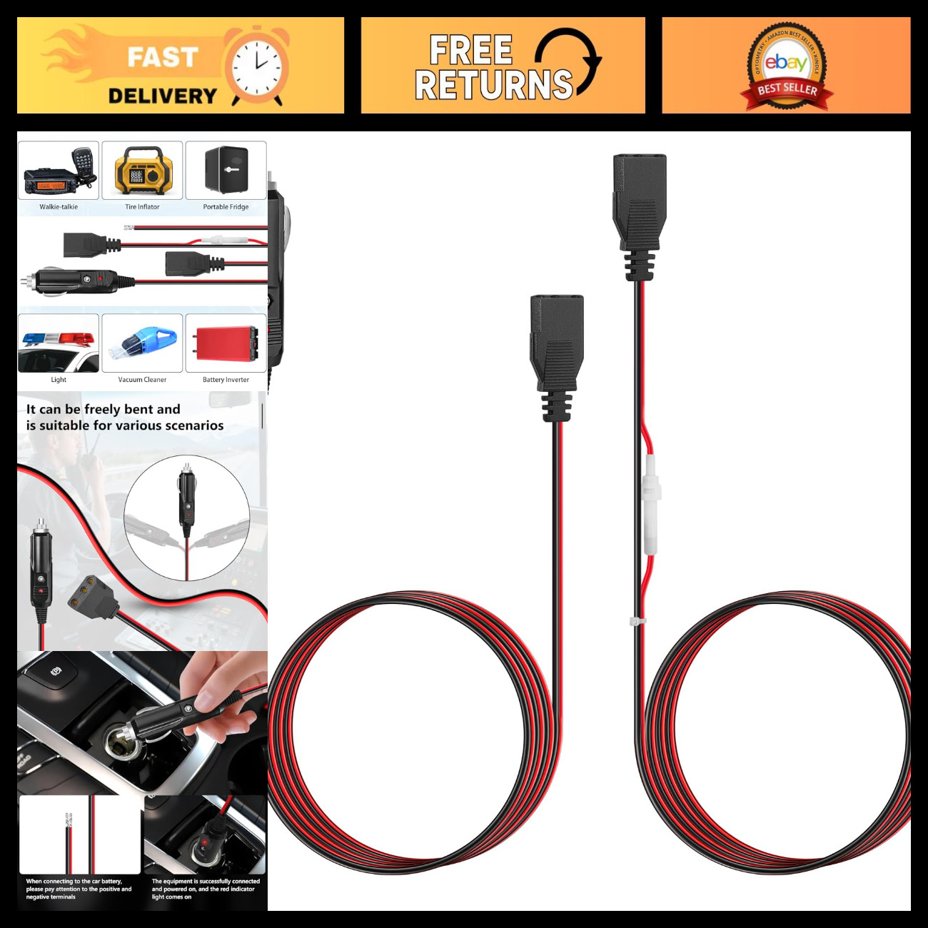 Cb Radio Power Cord/Cables/Accessories 2-Wire 15A 3-Pin CB Power Cord with 12V C