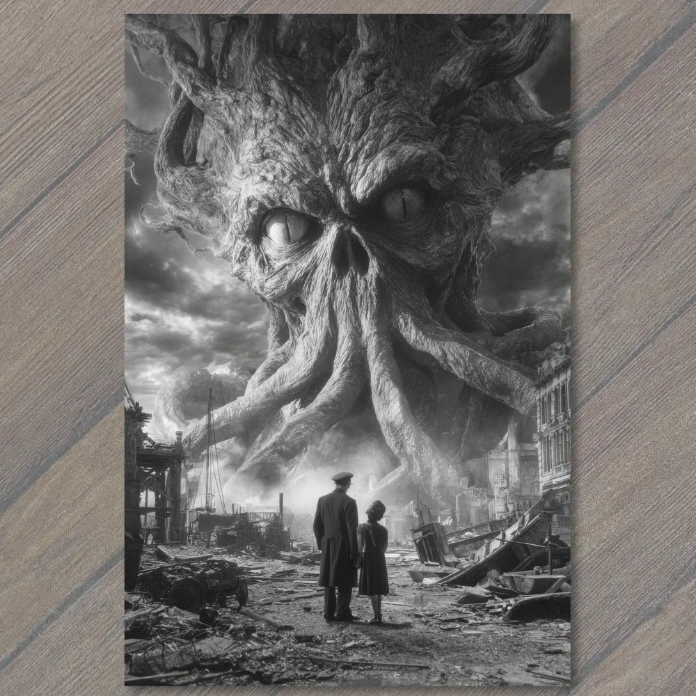 POSTCARD Cthulhu Eldritch Monster Tentacles Apocalyptic City Ruins Black White