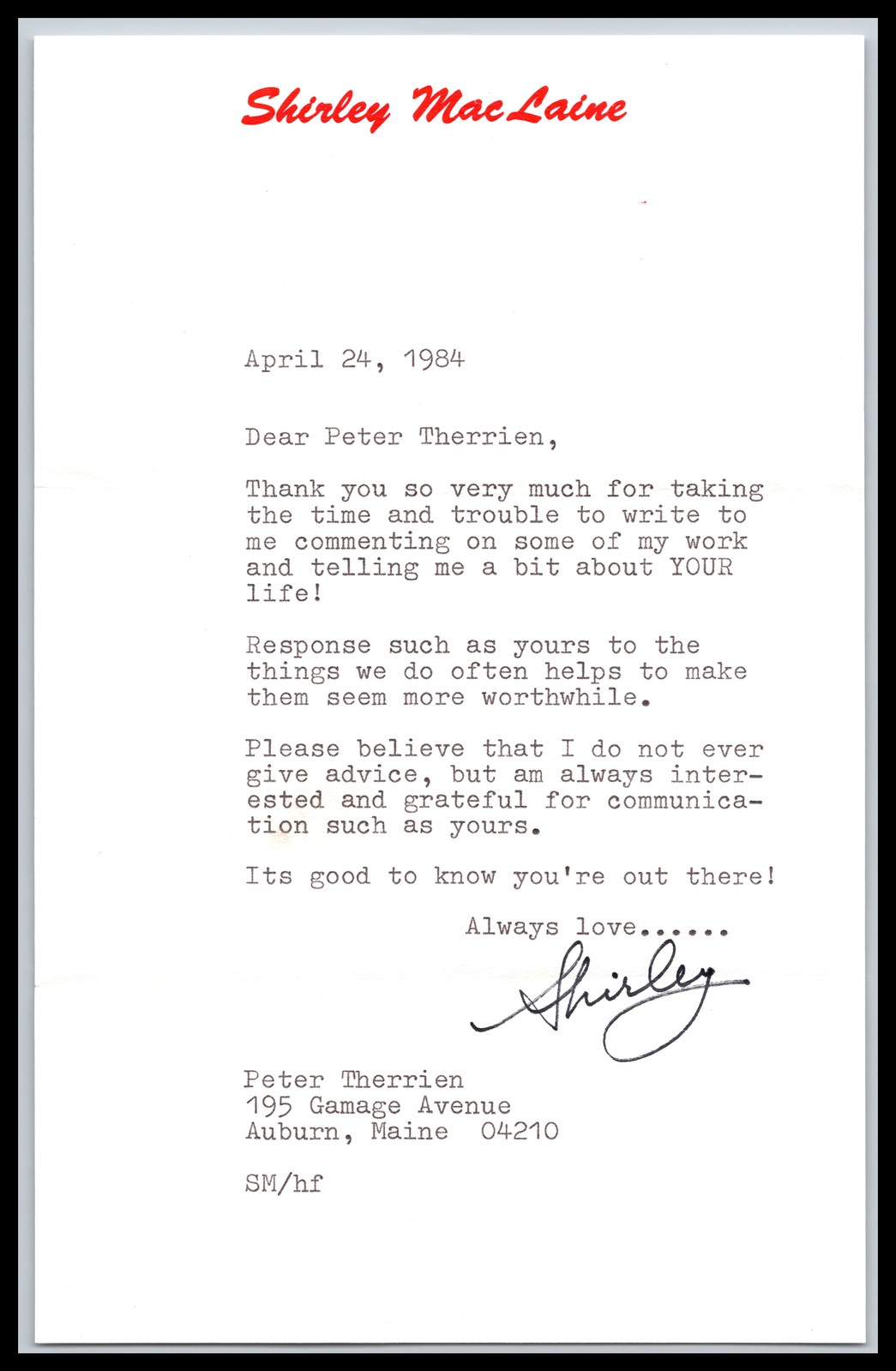 Shirley Maclaine - Actress -5x9 Typed Letter - Signed | Autograph