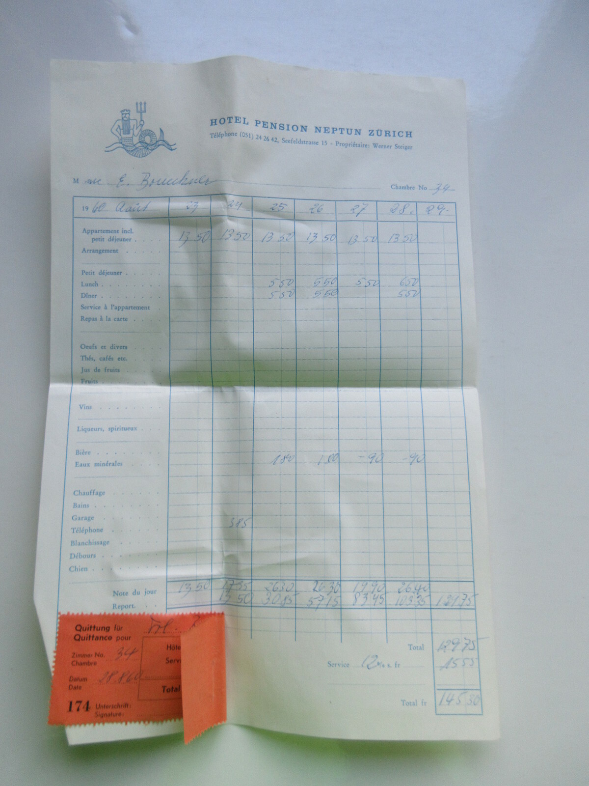 Hotel Pension Neptun Zurich Switzerland 1960 vintage hotel RECEIPT w/ letterhead