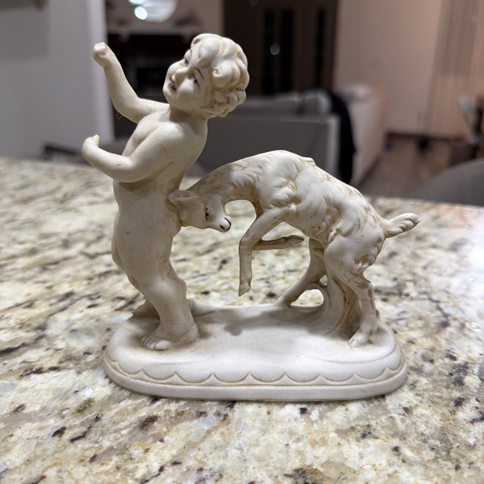 Antique Wallendorf Fine Porcelain Bisque German Figurine Boy & Ram